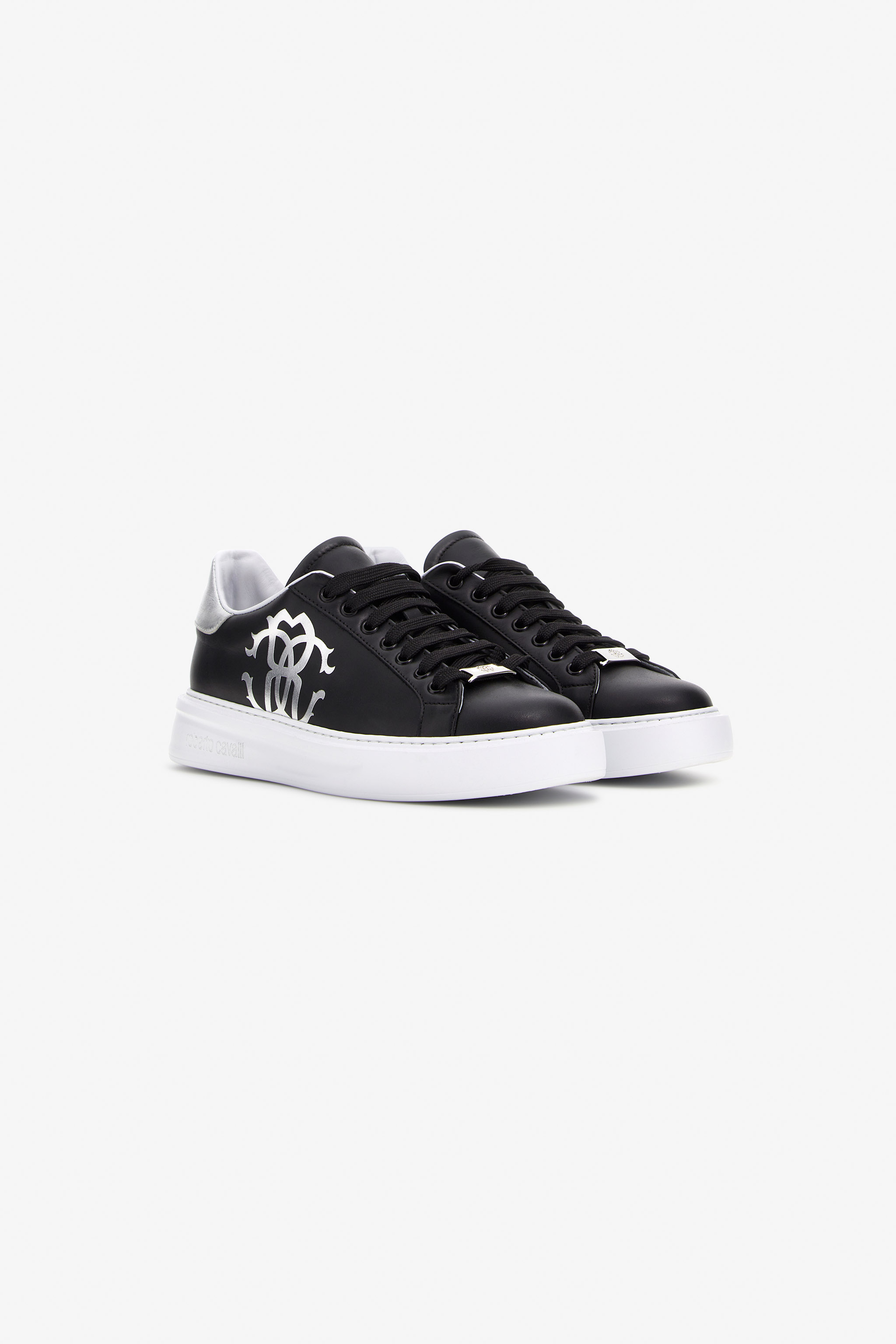 Roberto Cavalli Women's Black Sneakers With Monogram Mirror Snake - Sneakers