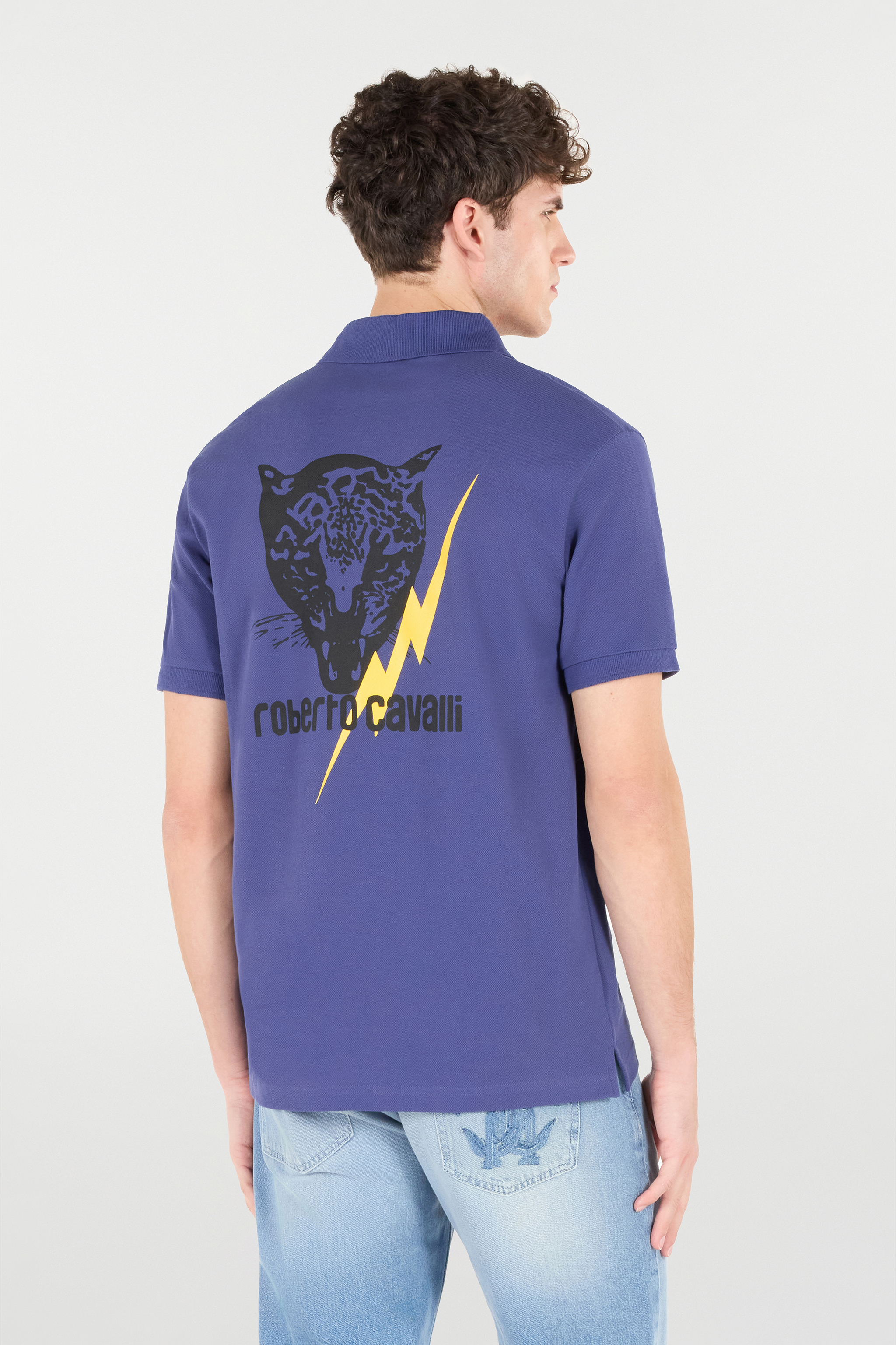 Roberto Cavalli Polo Shirt With Print And Logo In Navy