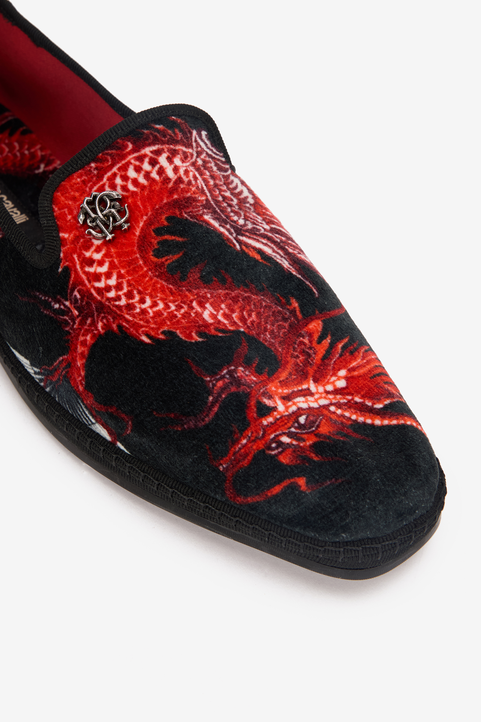 Roberto Cavalli Dragon-print Velvet Loafers In Black