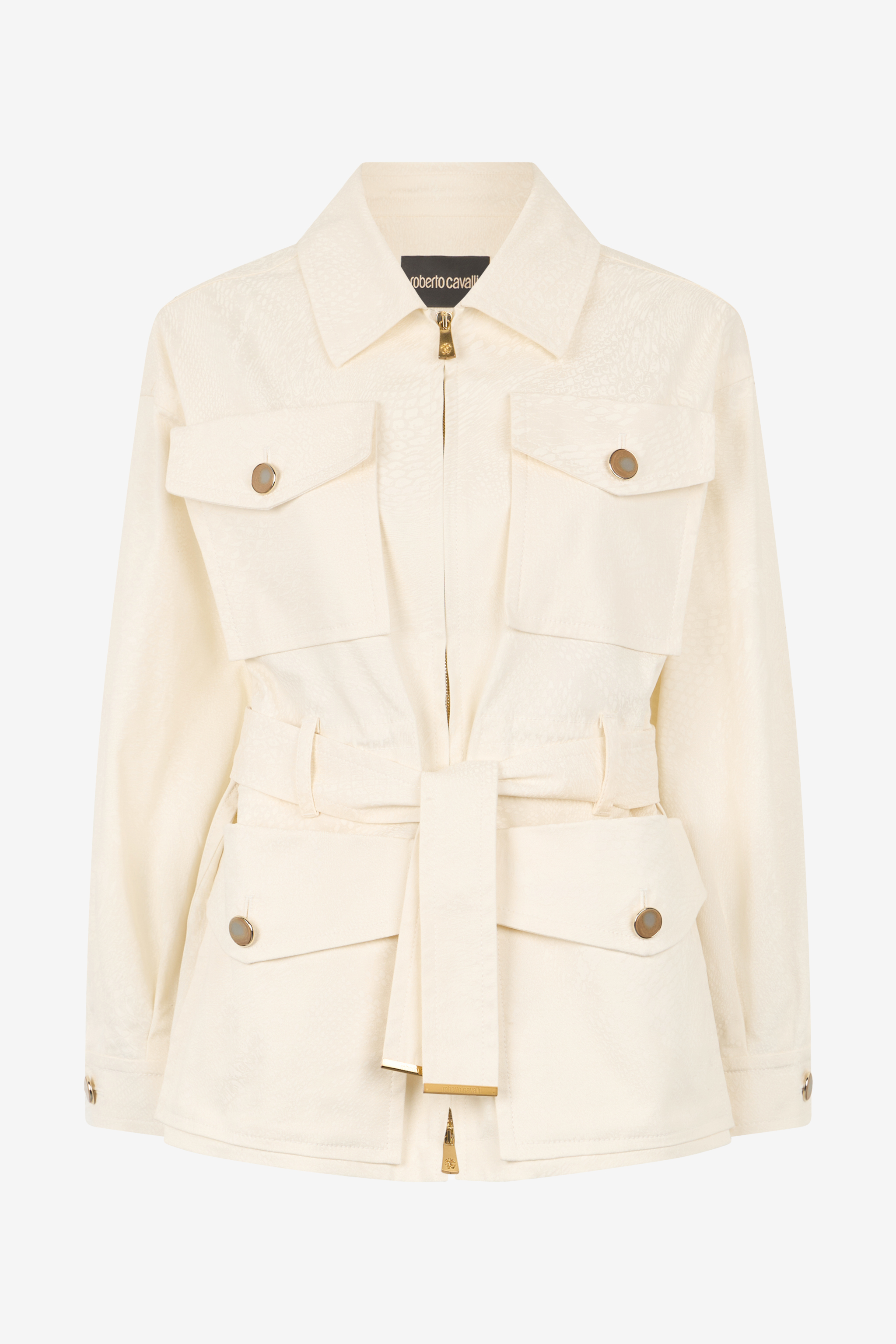 Roberto Cavalli Jacket With Belt And Python Pattern In Ivory