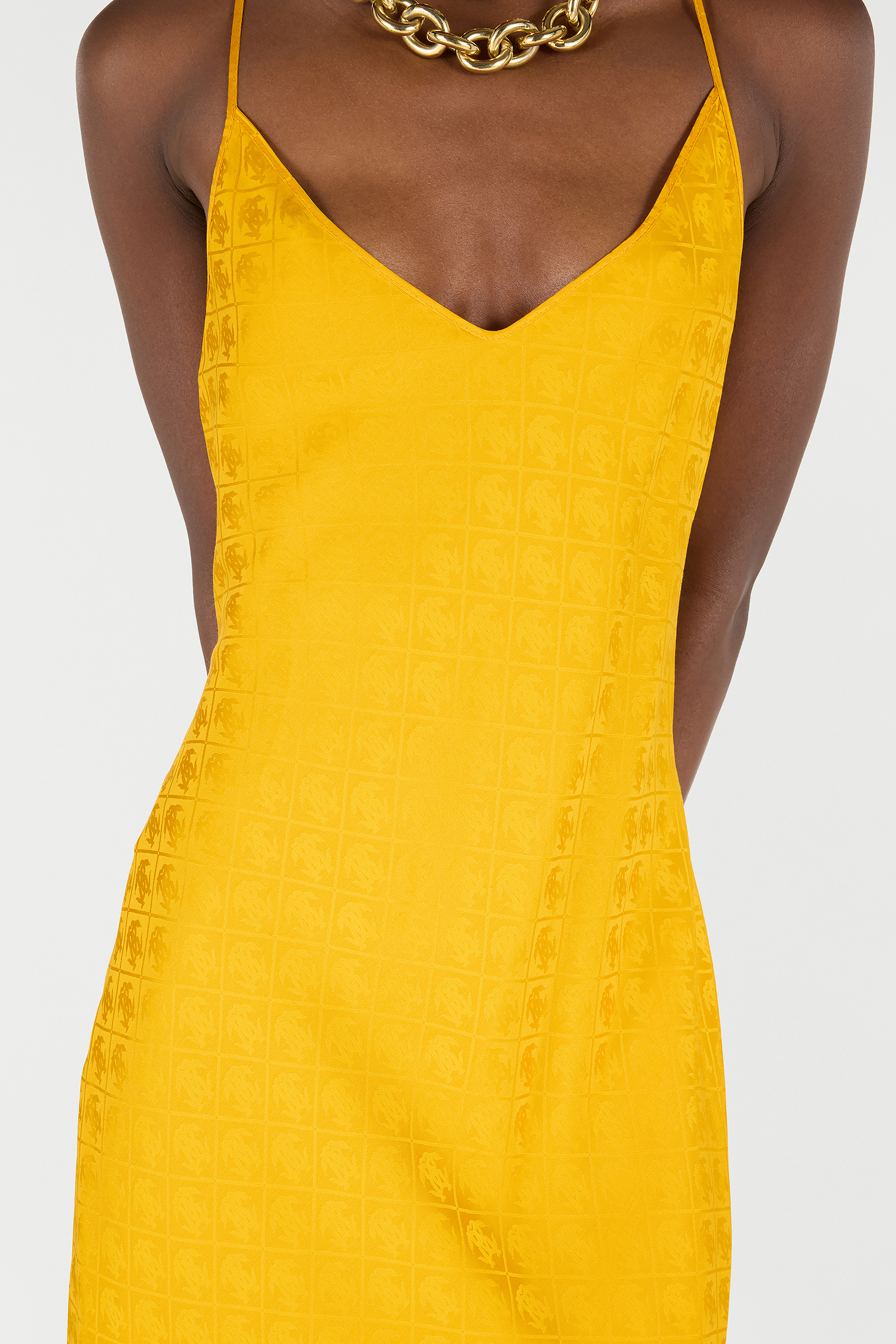Roberto Cavalli Long Dress With Mirror Snake Monogram In Yellow