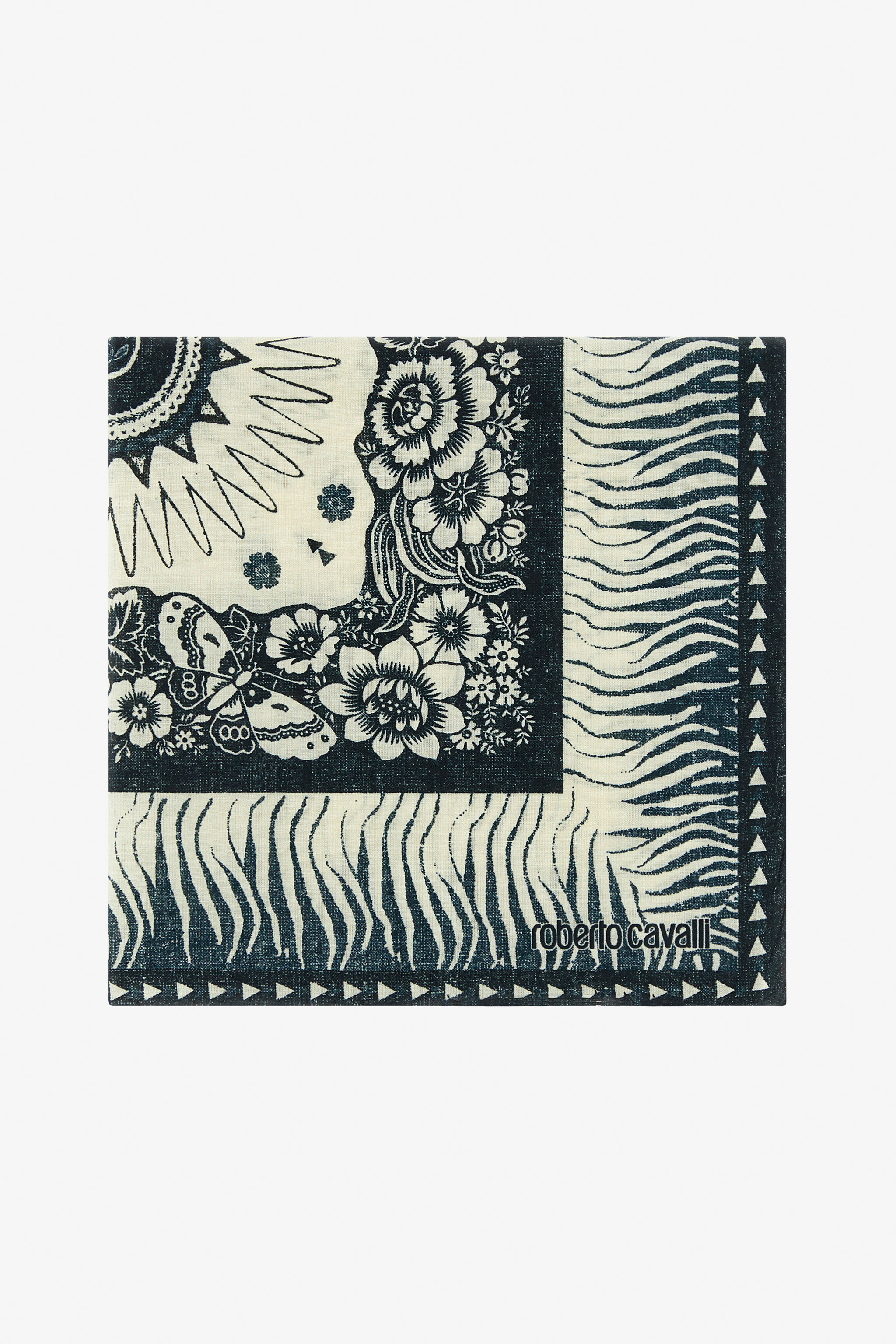 Roberto Cavalli Cotton Scarf With Zebra Pattern And Logo In Blue