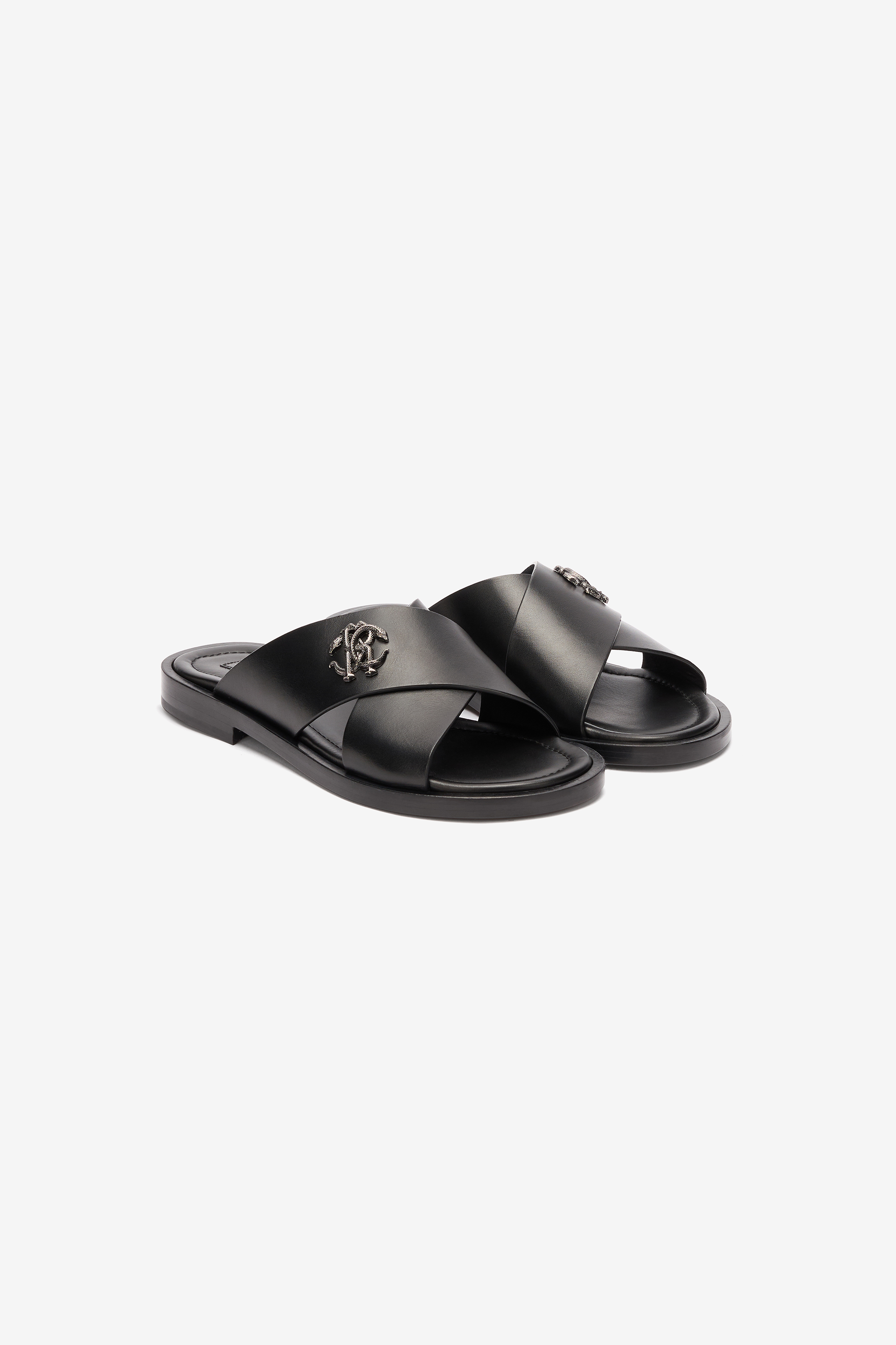 Roberto Cavalli Slides With Straps And Monogram Mirror Snake In Black