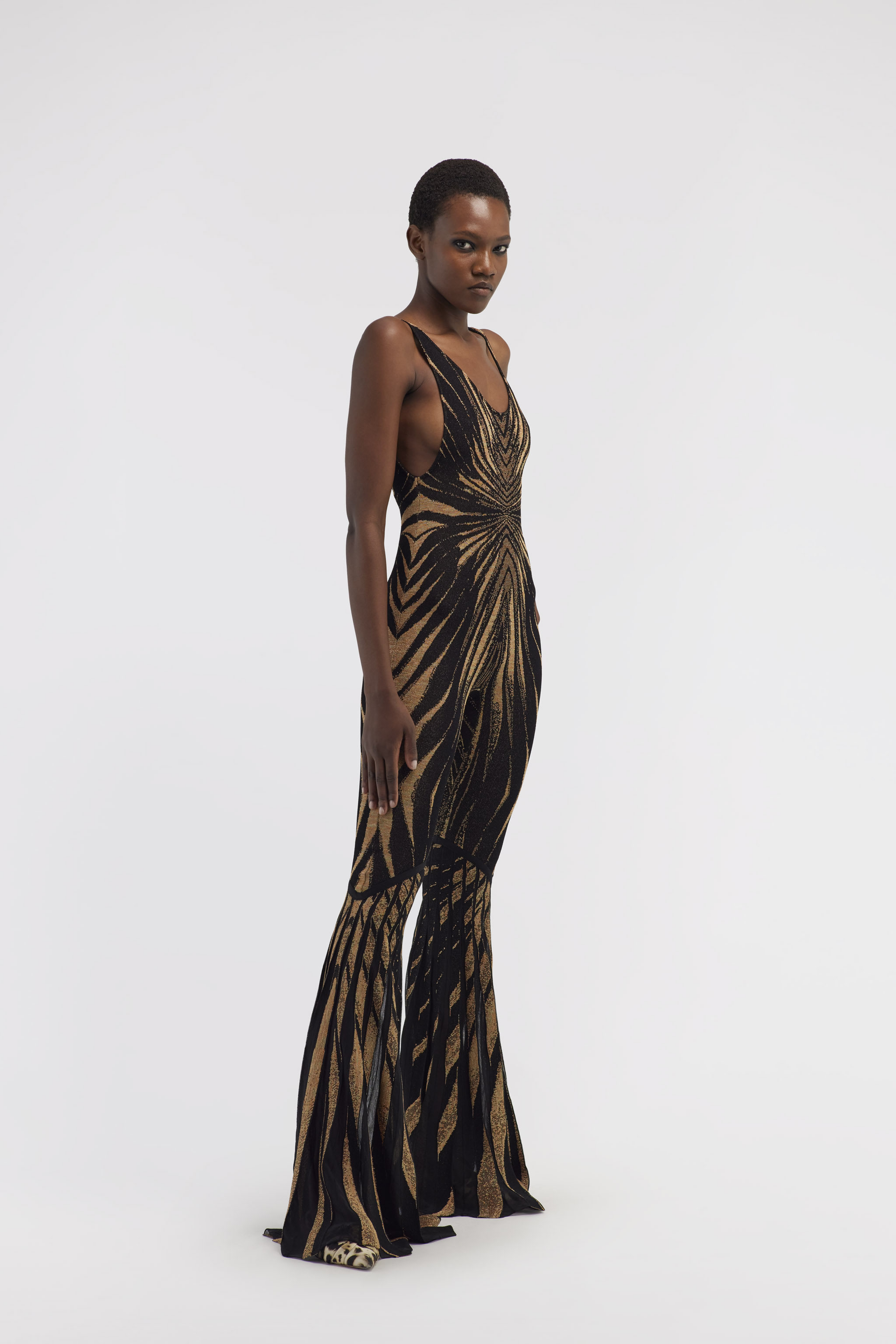 ROBERTO CAVALLI KNIT JUMPSUIT WITH RAY OF GOLD PRINT