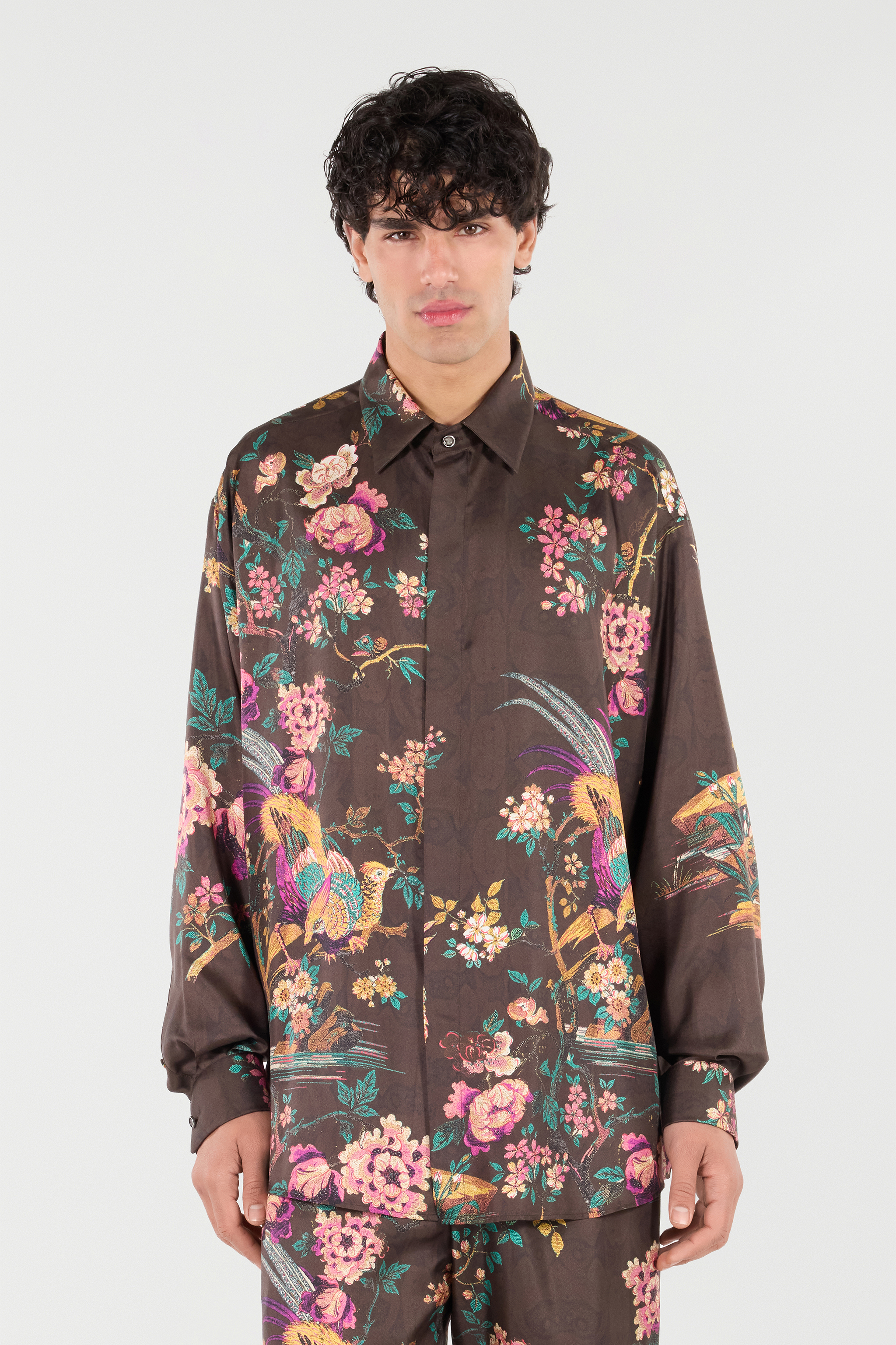 Roberto Cavalli Silk Shirt With Oriental Bird Print In Brown