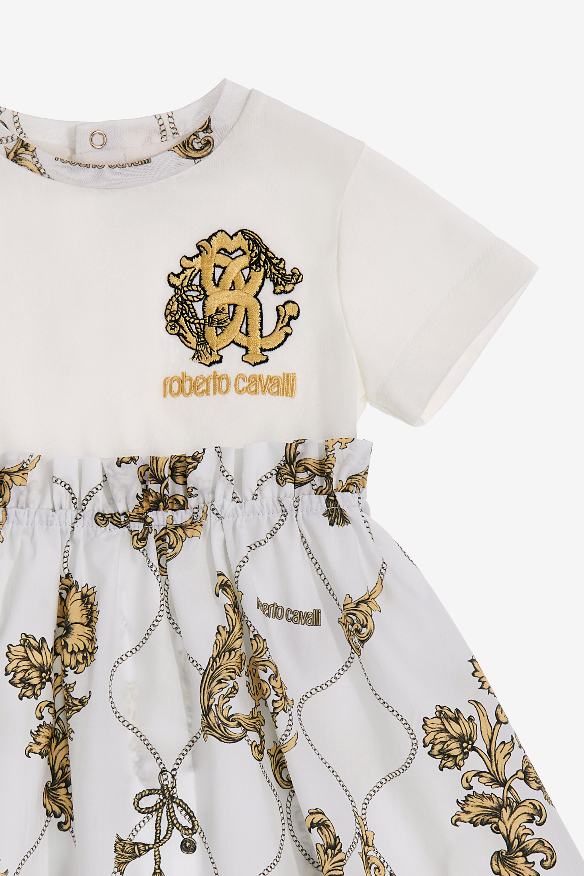  Roberto Cavalli Dress With Arabesque Print And Rc Monogram Embroidery - Female Ready To Wear Milky White 18m 