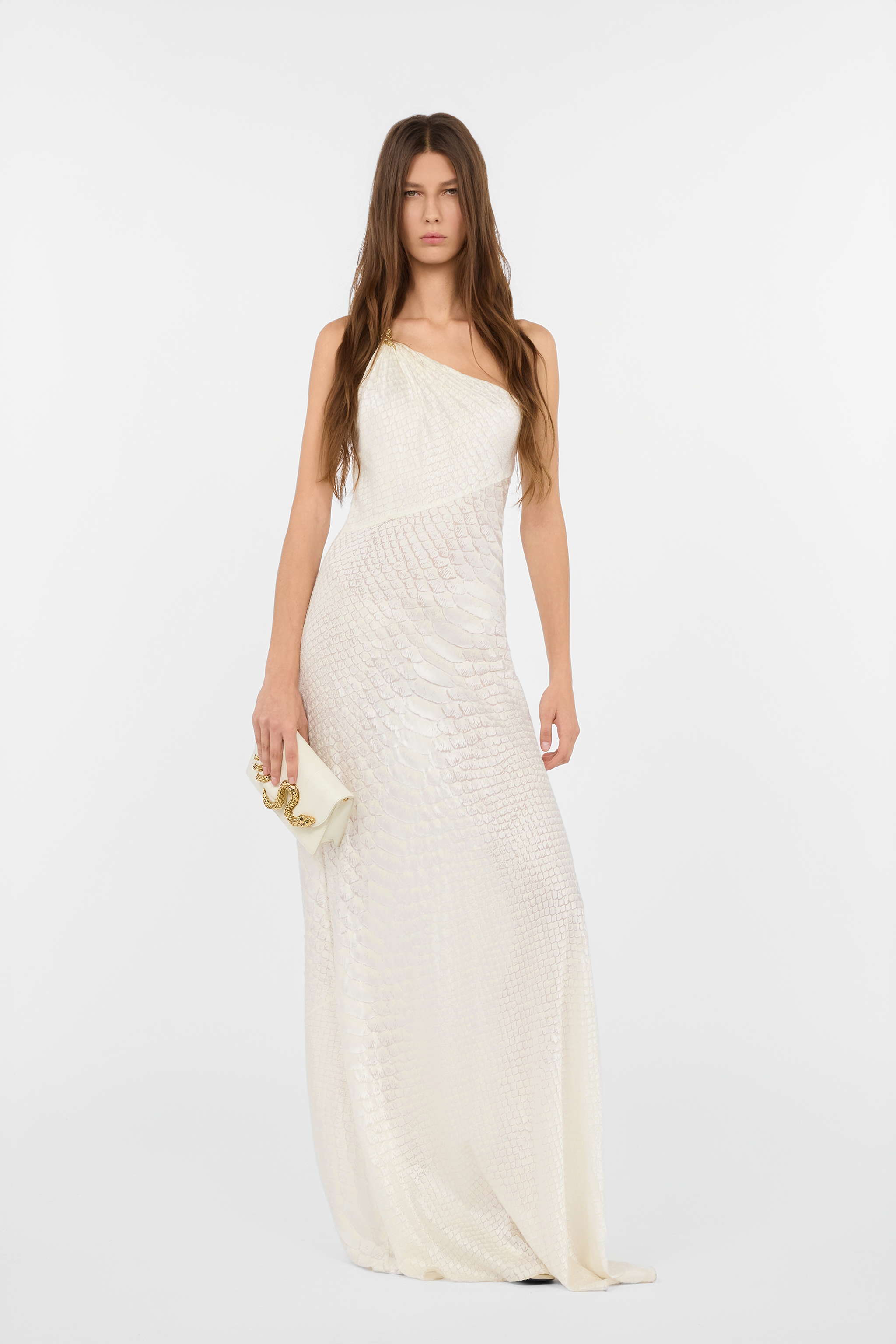 Roberto Cavalli White One-shoulder Dress With Scale Print