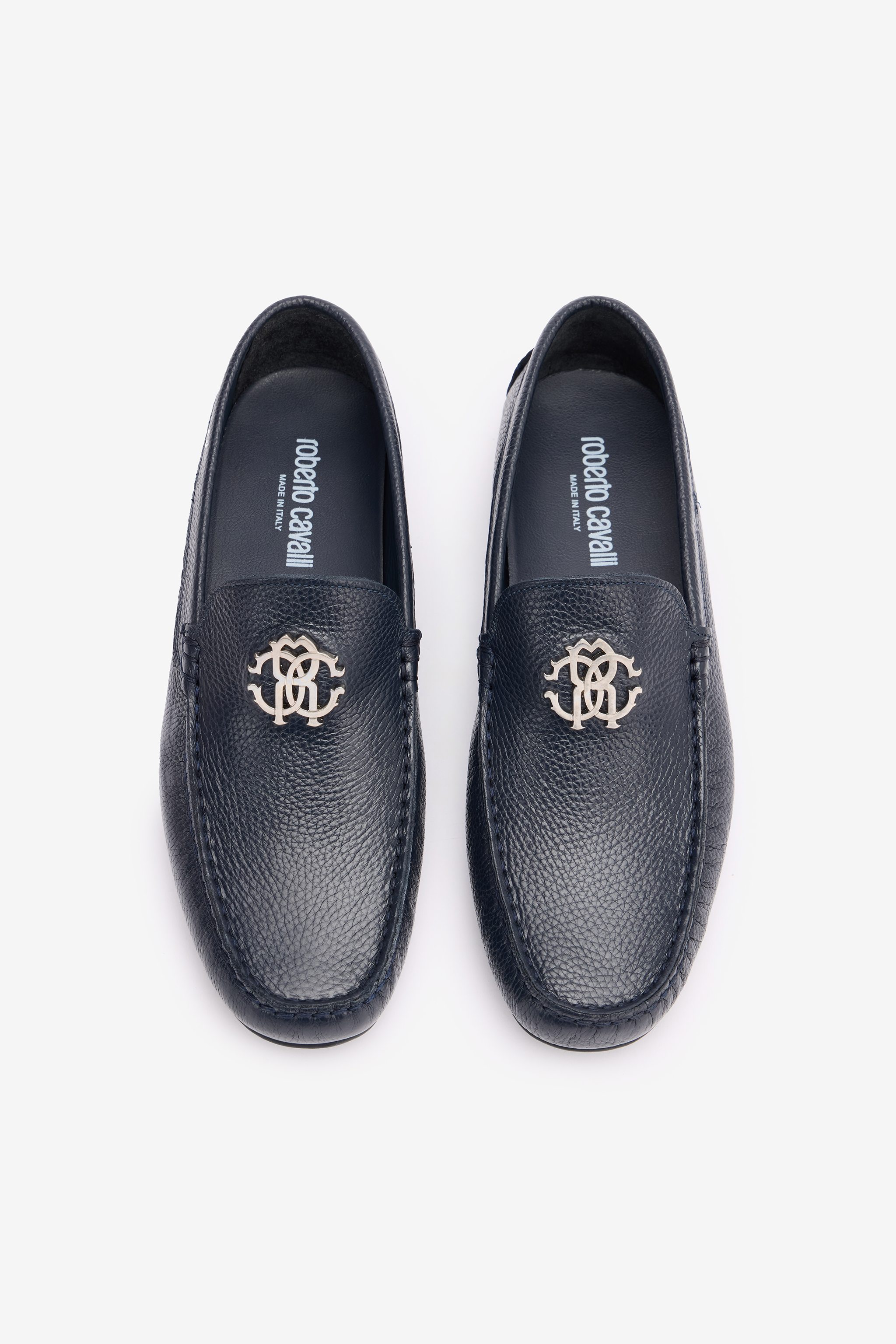 Roberto Cavalli Hammered Effect Loafers With Rc Monogram In Dark Blue
