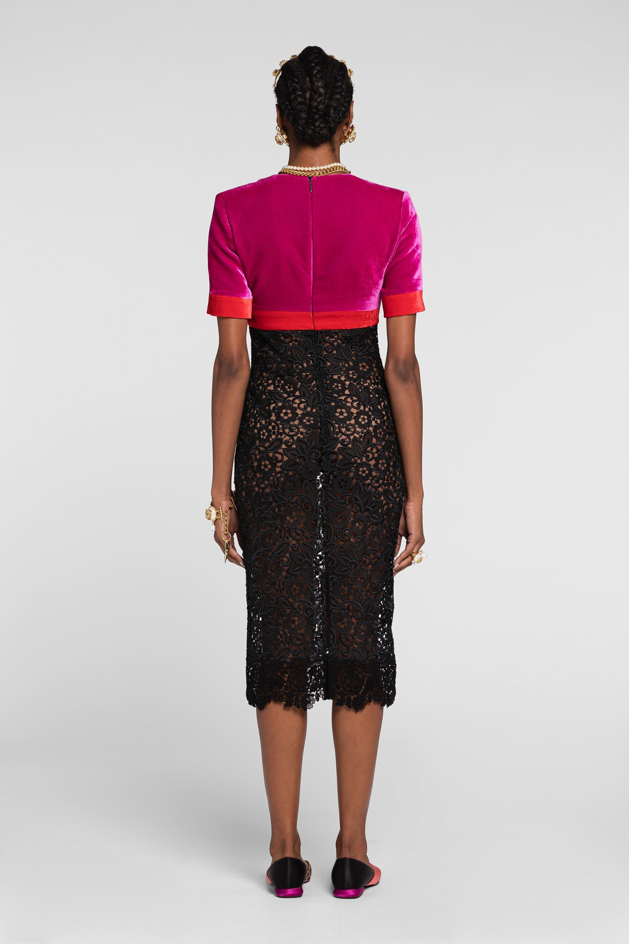 Roberto Cavalli Velvet And Lace Dress In Cardinale