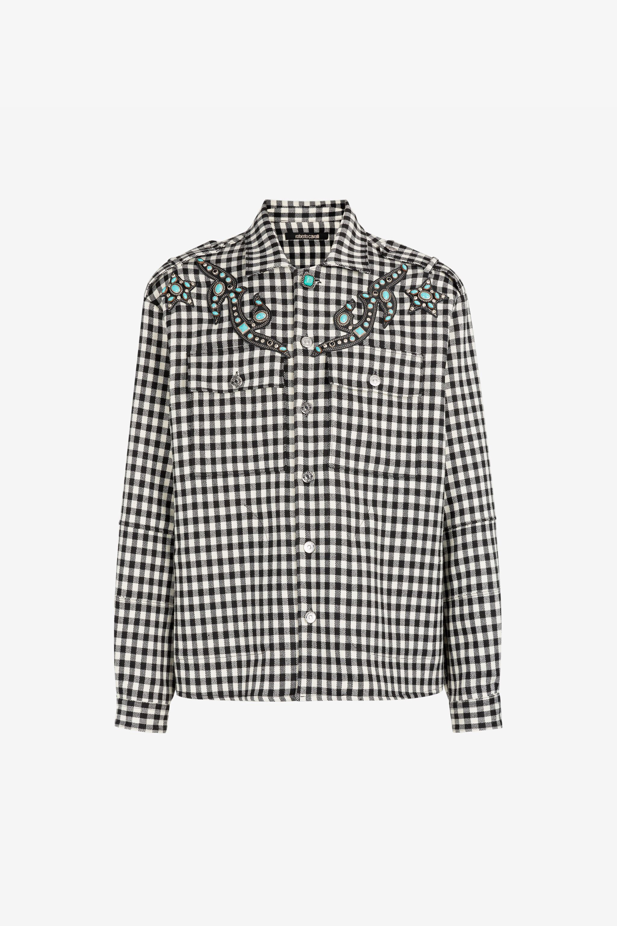 Roberto Cavalli Men's Turquoise/Black/White -Embellished Gingham Jacket - Shirts