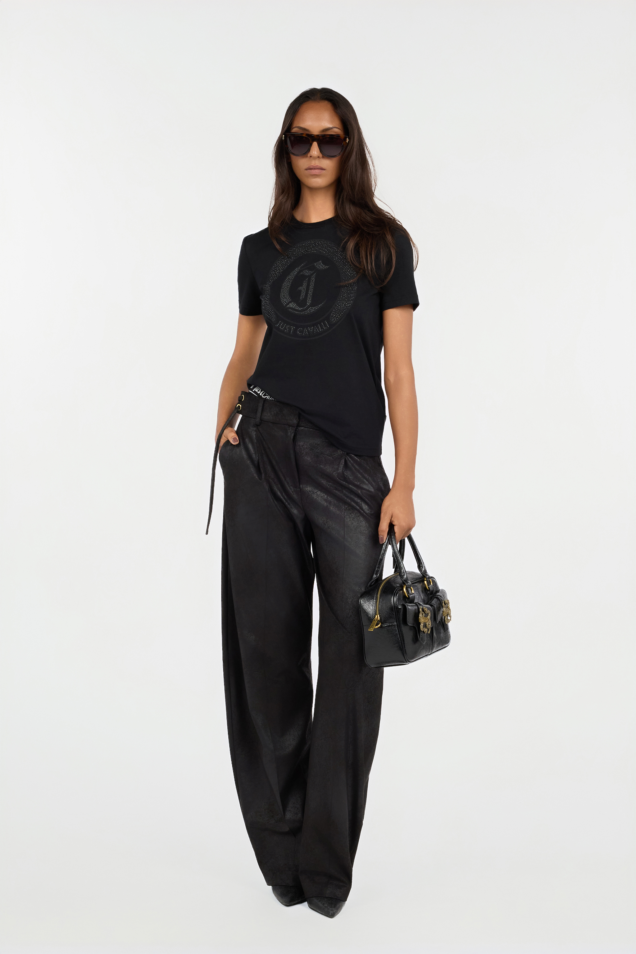 Black Wide-Leg Trousers With Tie Details