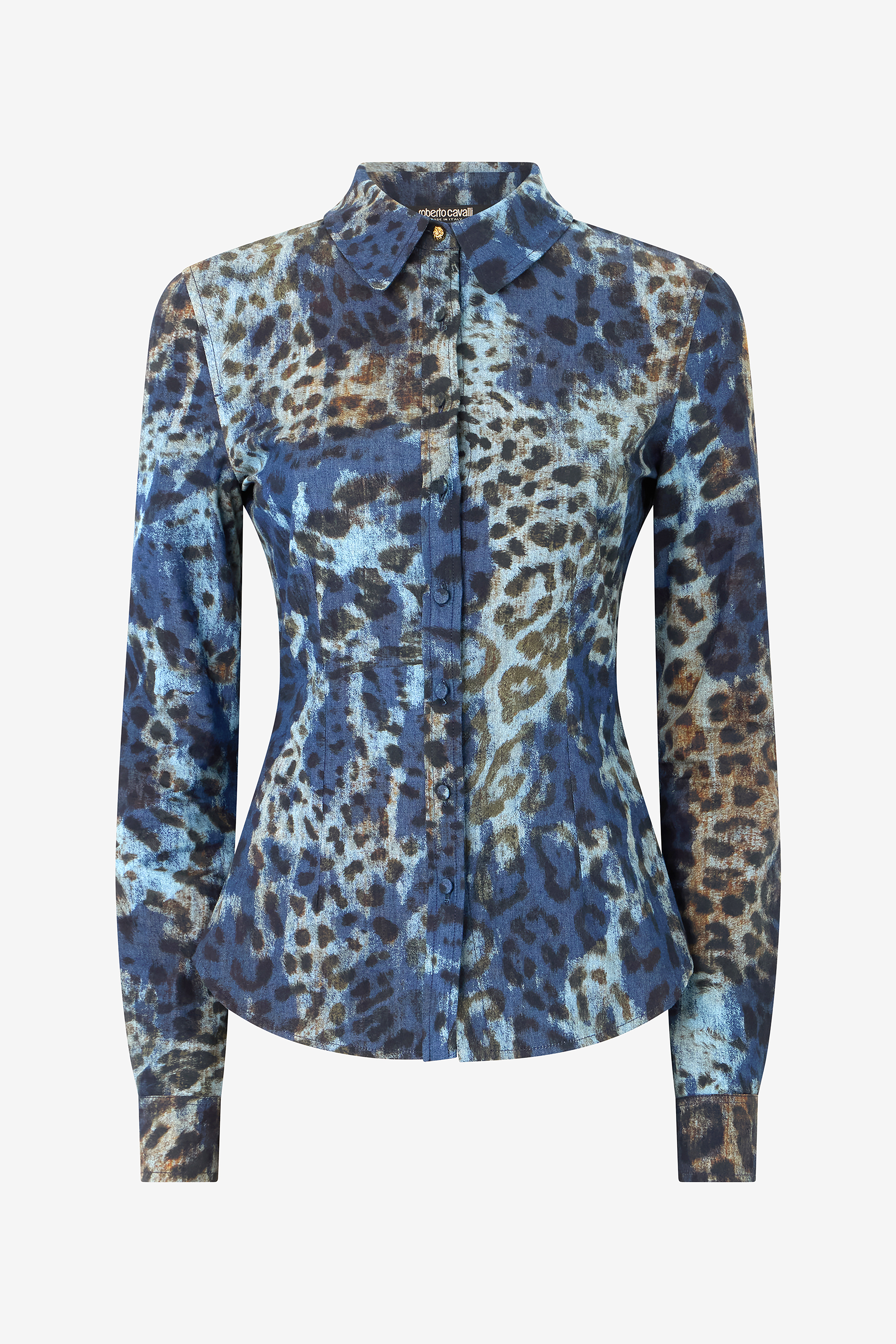Roberto Cavalli Women's Cotton Shirt With Jaguar Skin Print - Ready To Wear Blu/Celeste/Marrone