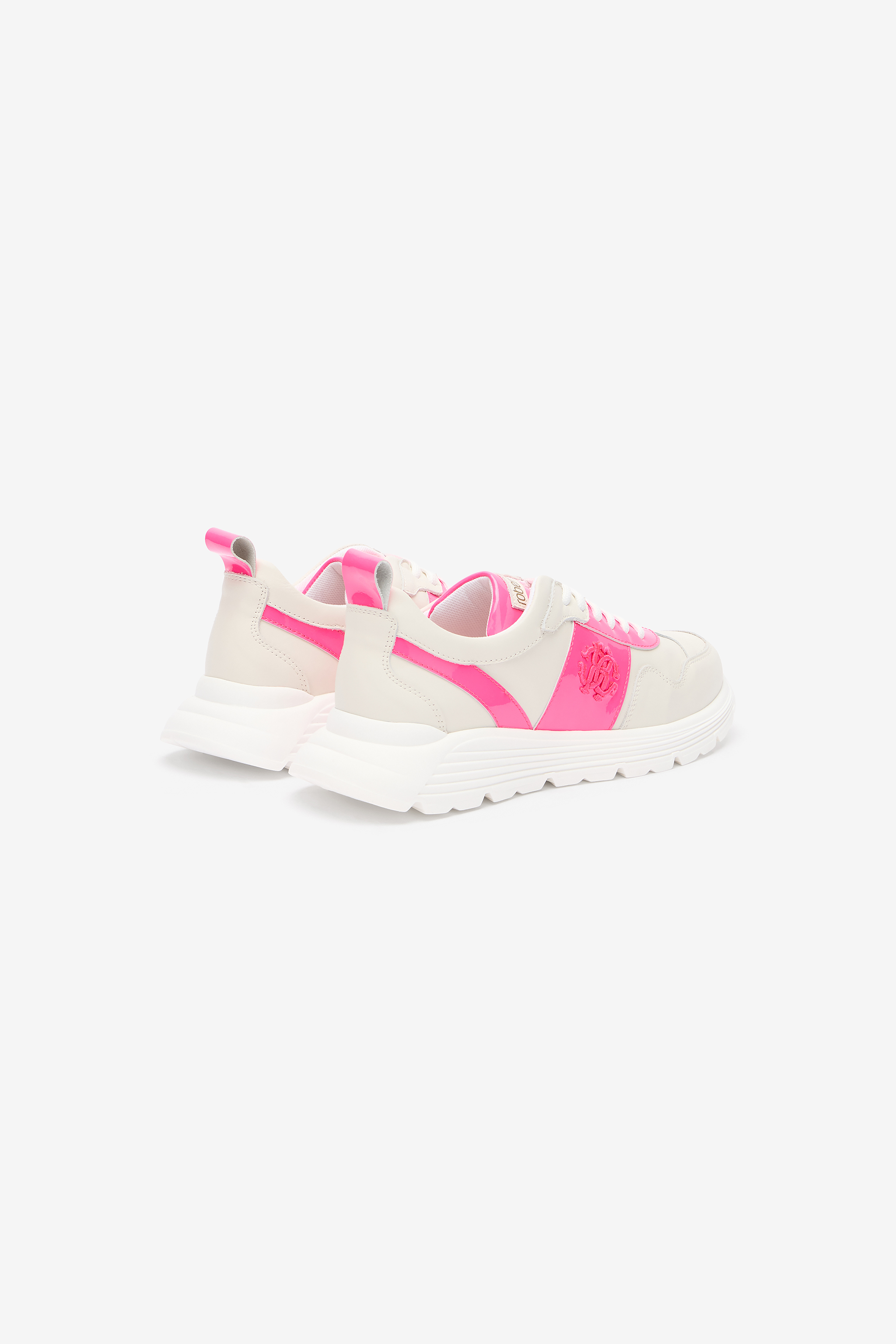  Roberto Cavalli White And Pink Leather Running Shoes With Monogram Rc - Female Shoes White /fuxia 39 