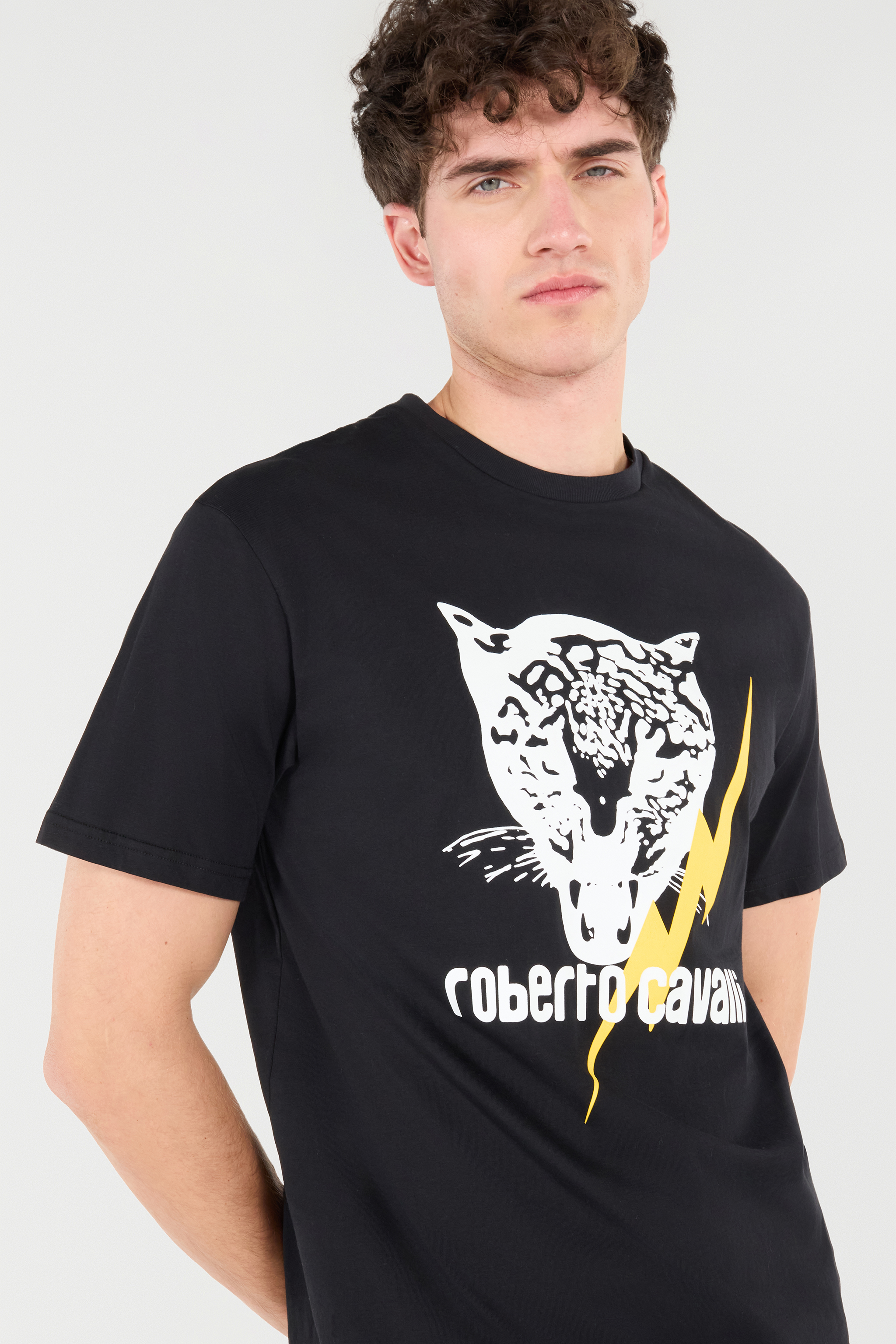 Roberto Cavalli T-shirt With Lightning Bolt And Jaguar In Black