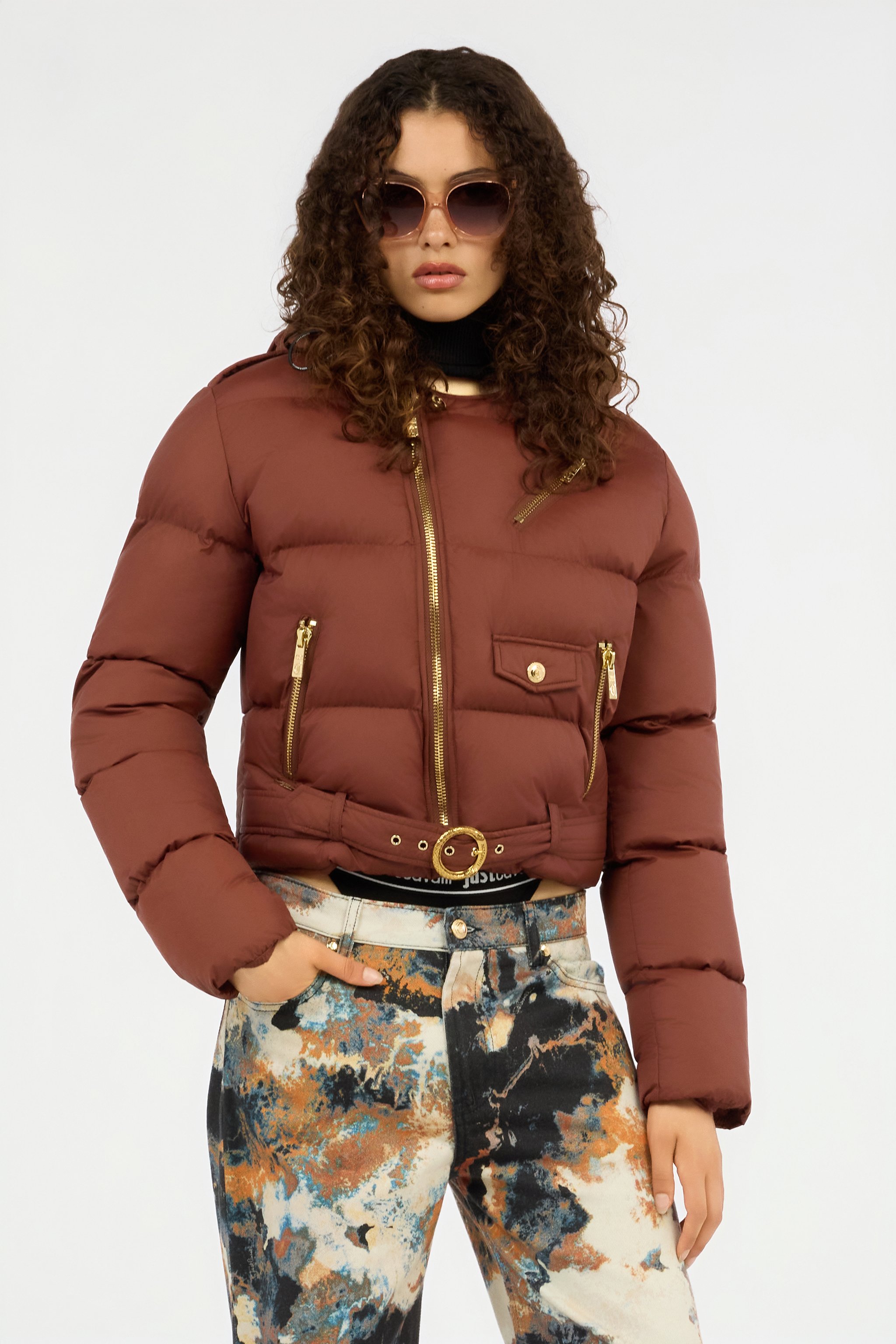 Roberto Cavalli Brown Puffer Coat With Belt In Brown