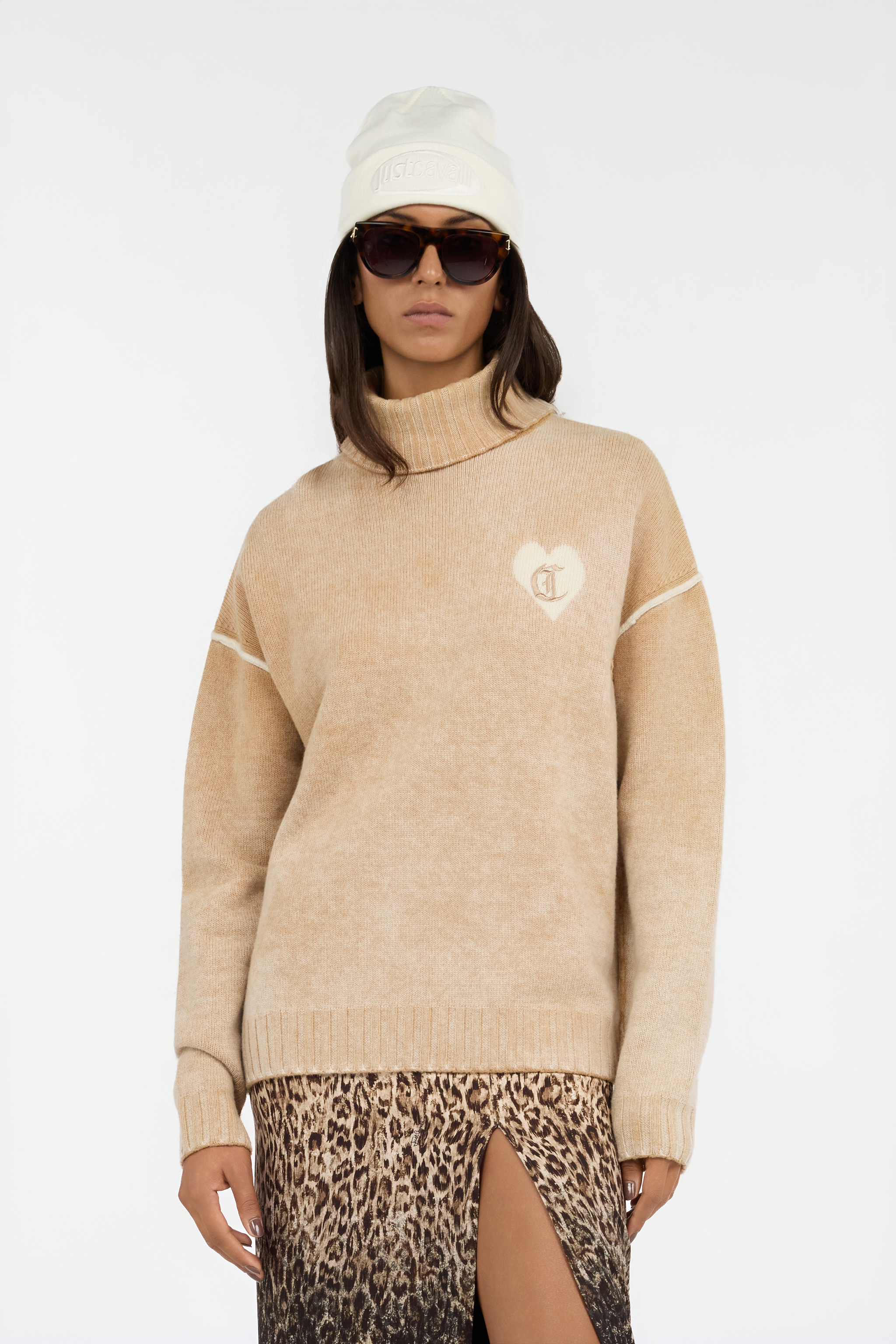 Roberto Cavalli Beige Turtleneck Sweater With Heart Logo In Neutral