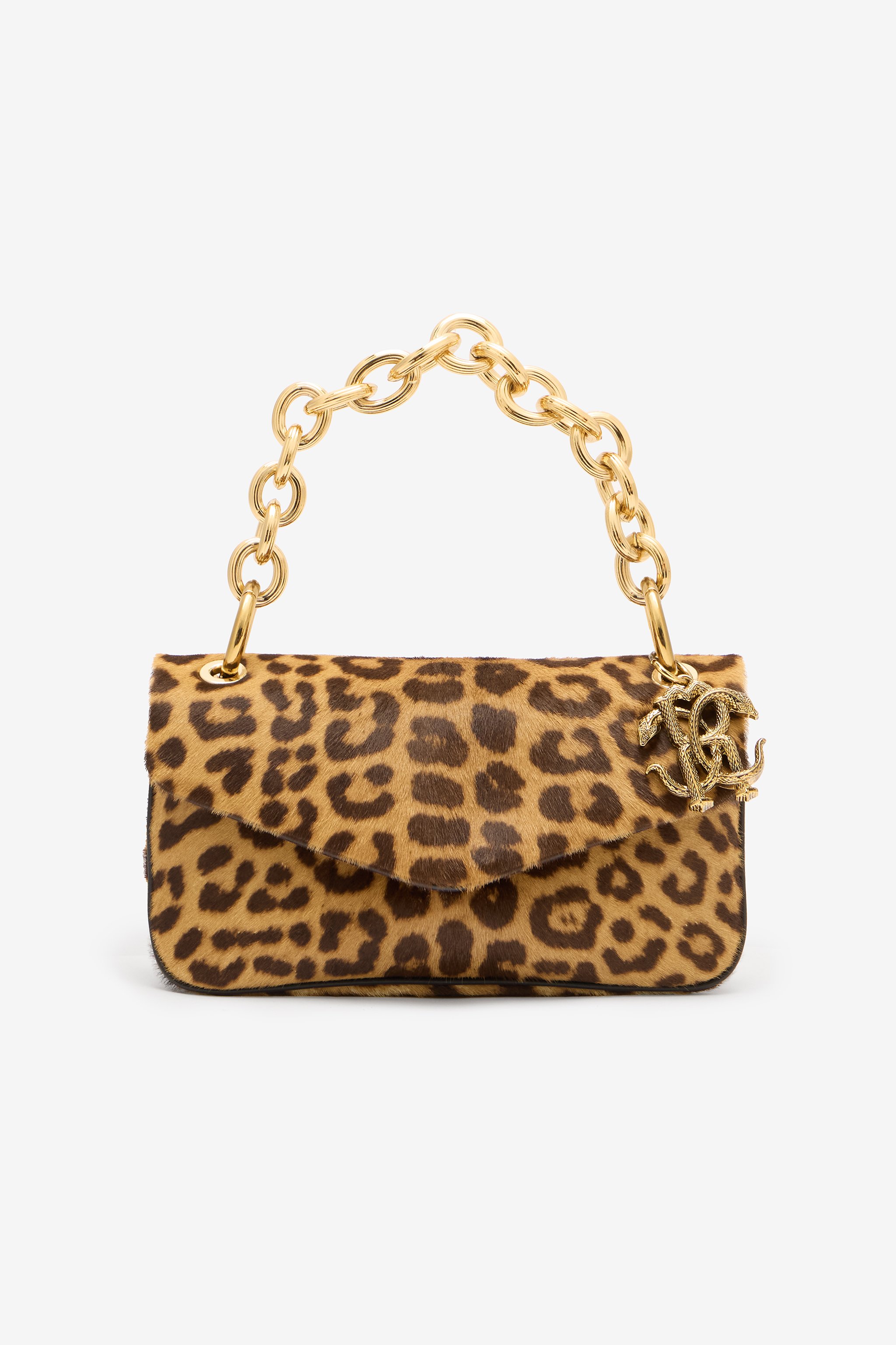 Roberto Cavalli Small Bag With Leopard Skin Print And Chain In Brown