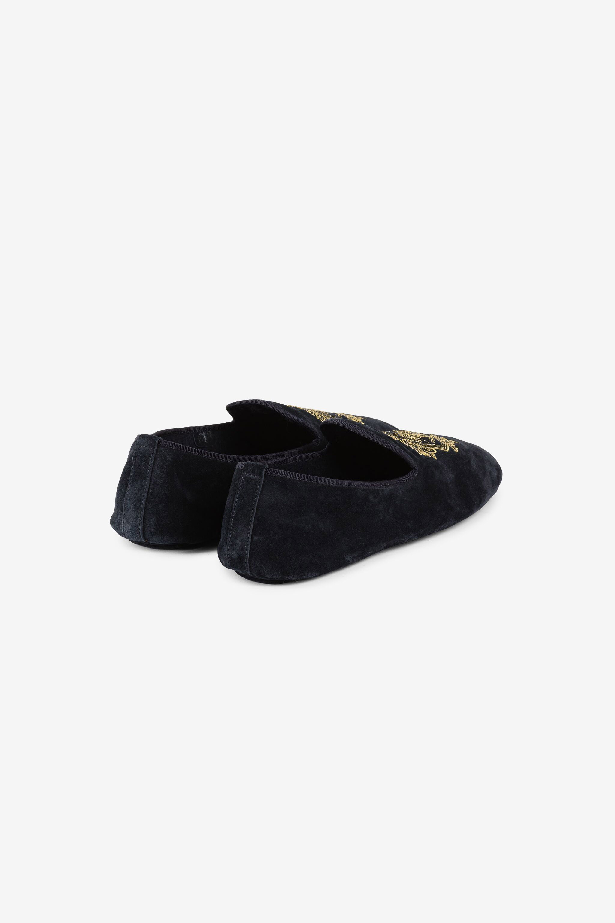  Roberto Cavalli Mirror Snake Crest-embroidered Velvet Slippers - Male Loafers & Moccasins Dark Blue 42 