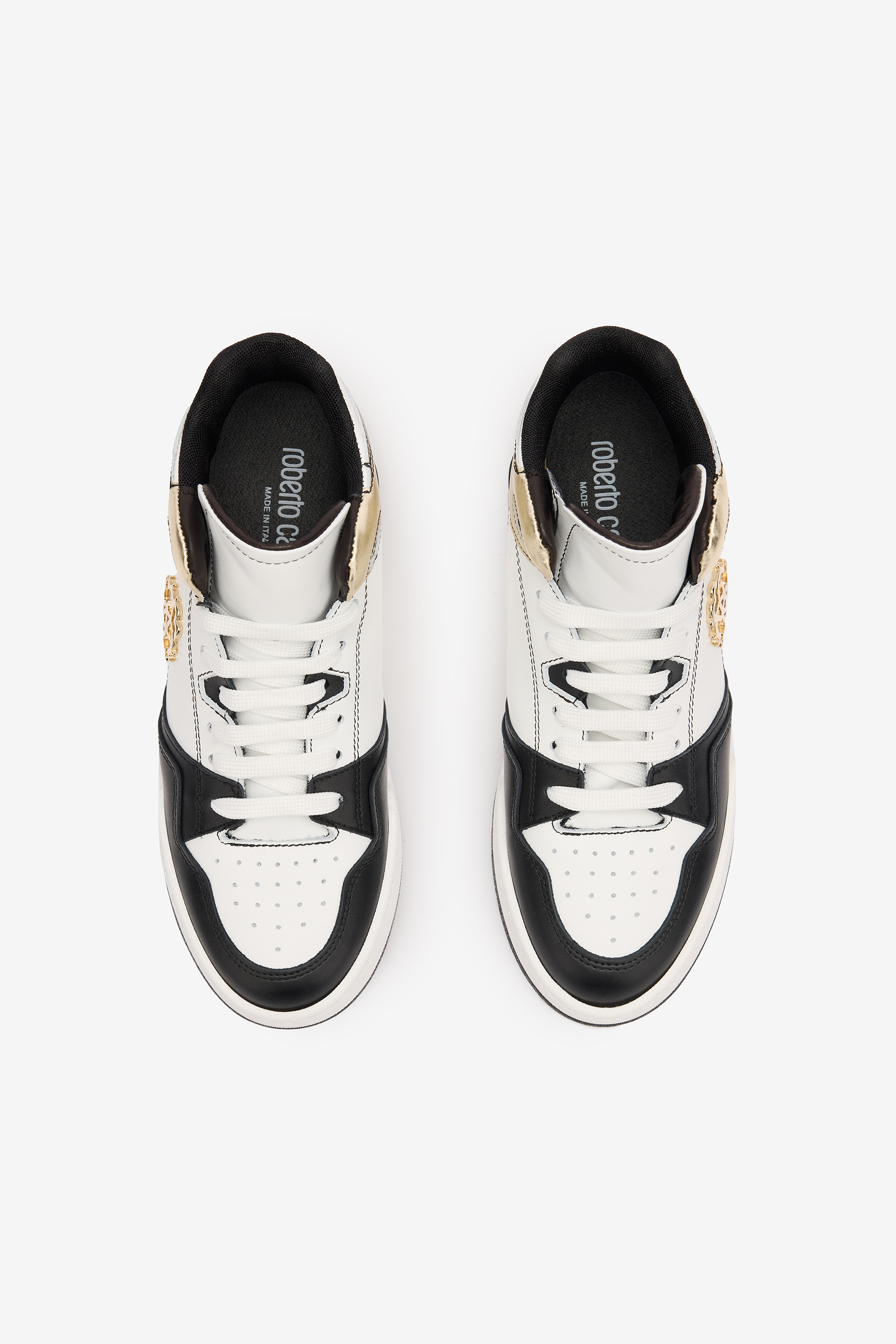 Roberto Cavalli High-top Sneakers With Laminated Insert In Black/white/platinum