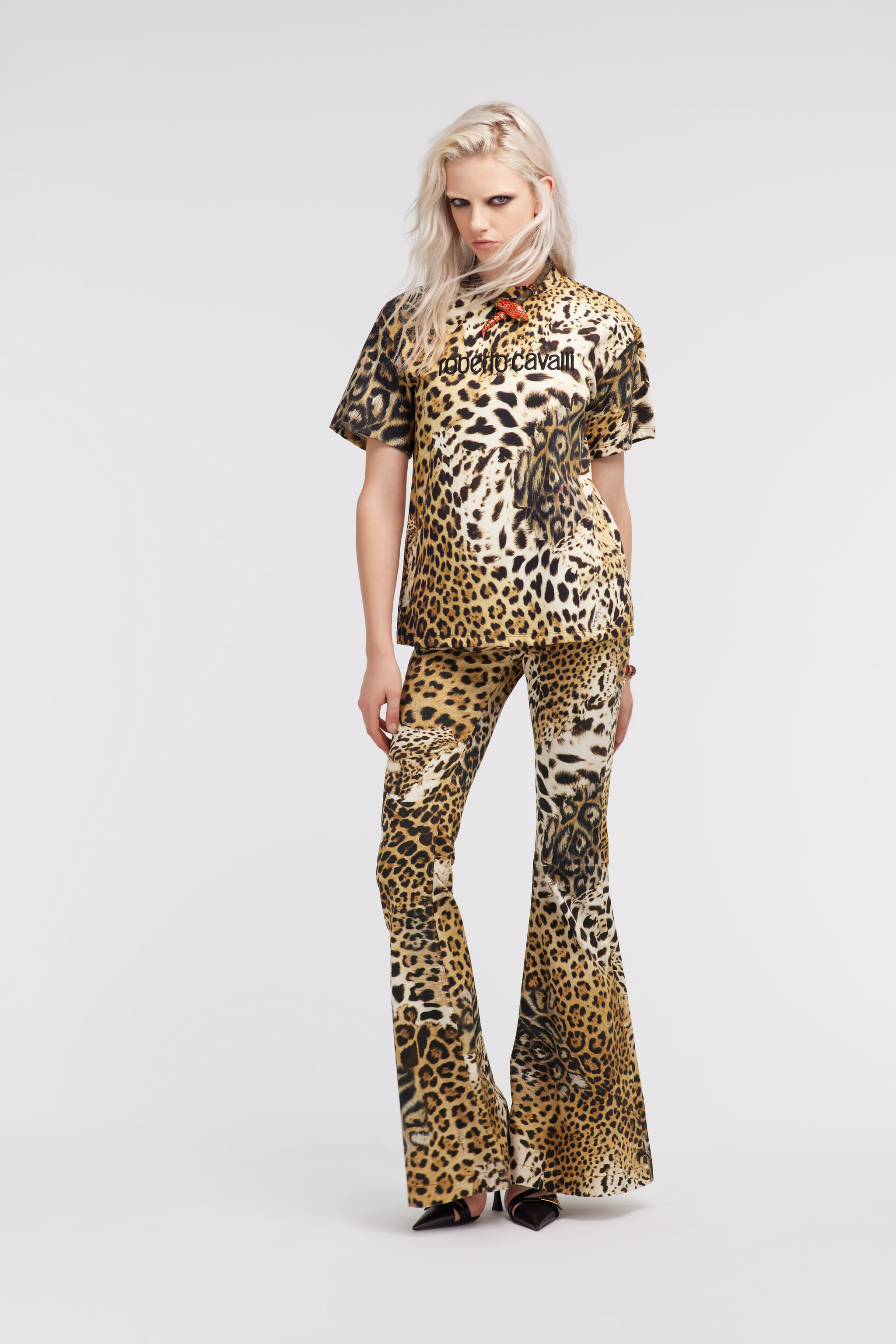 Roberto Cavalli Leopard-print Cotton T-shirt In Light Brown