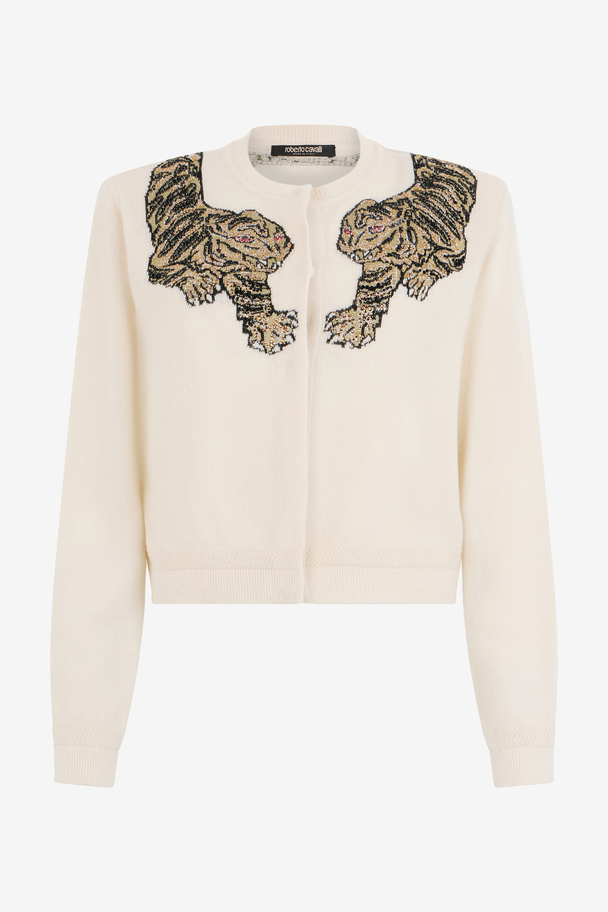 Roberto Cavalli Women's Ivory Wool Cardigan With Tiger Embroidery - Knitwear