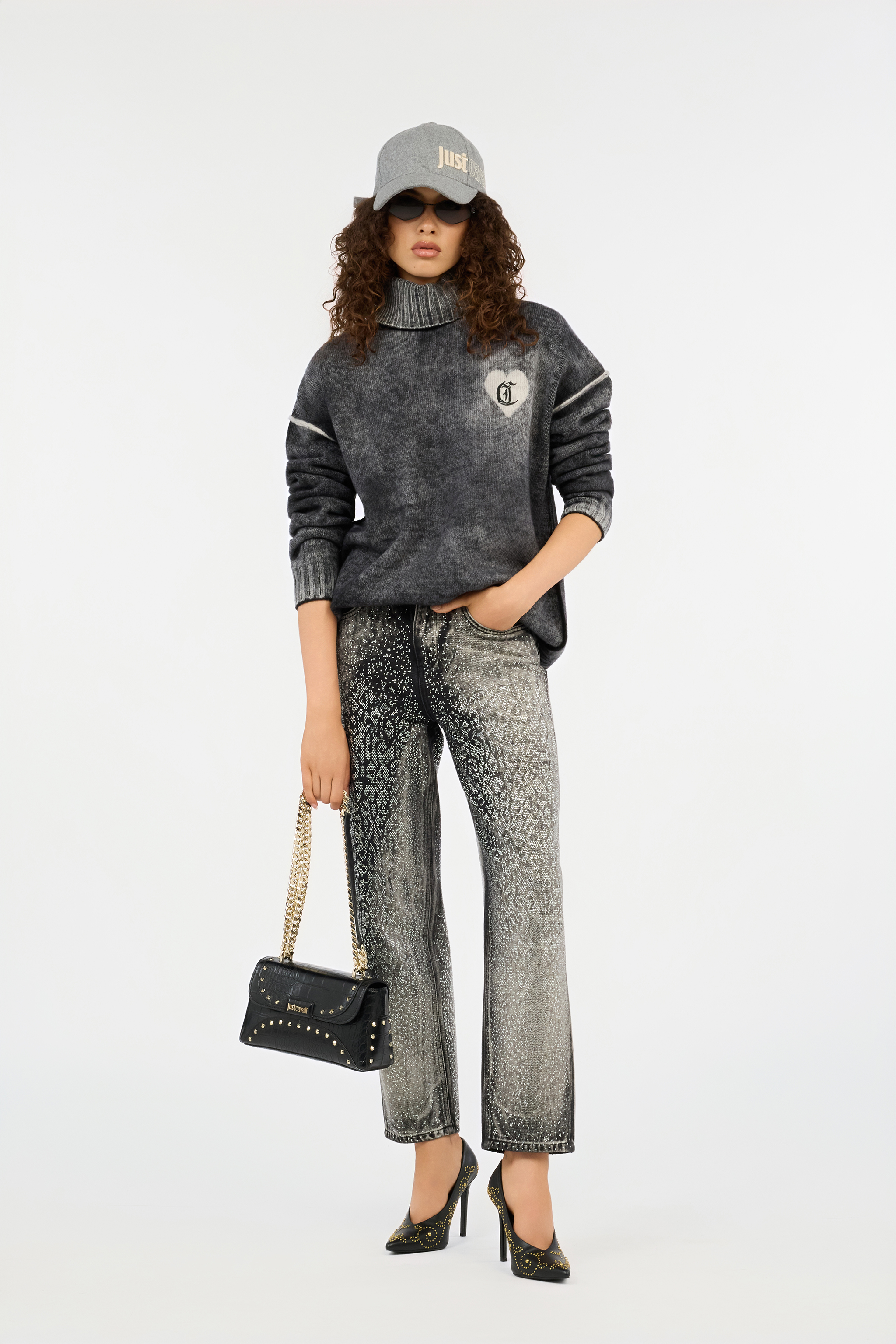 Roberto Cavalli Grey Turtleneck Sweater With Heart Logo In Gray
