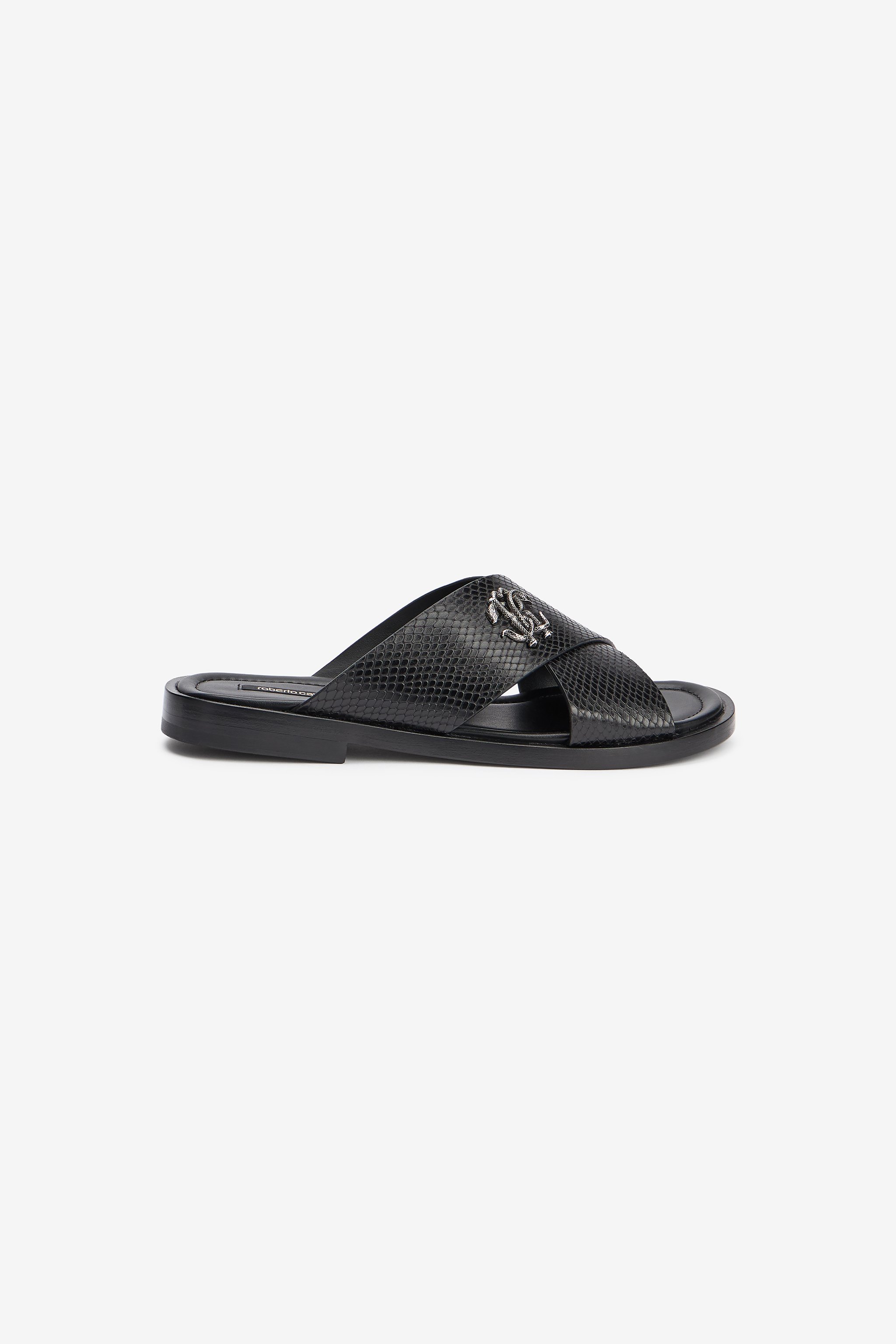 Black Slide Sandals Snake-Effect Leather