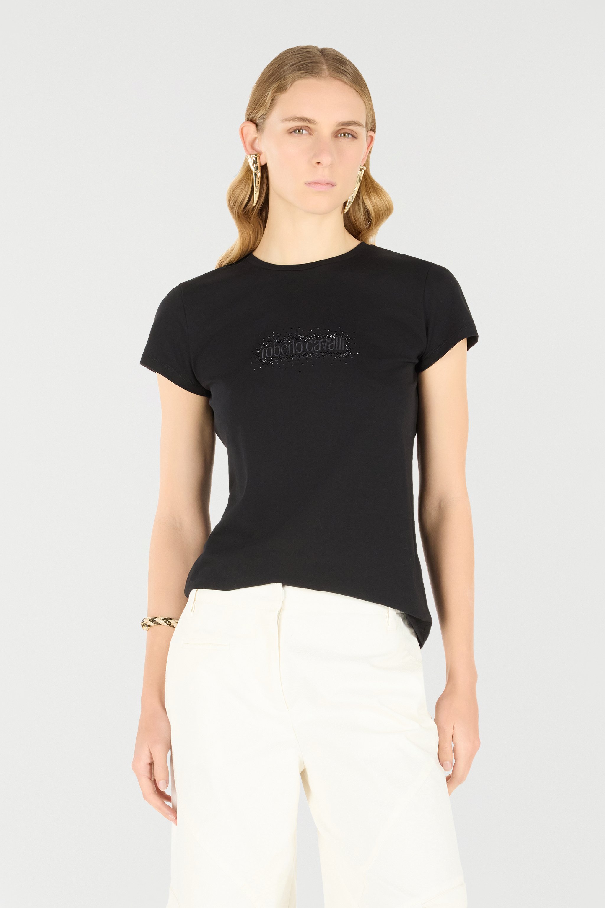 Shop Roberto Cavalli T-shirt Mit Logo Und Strass In Black