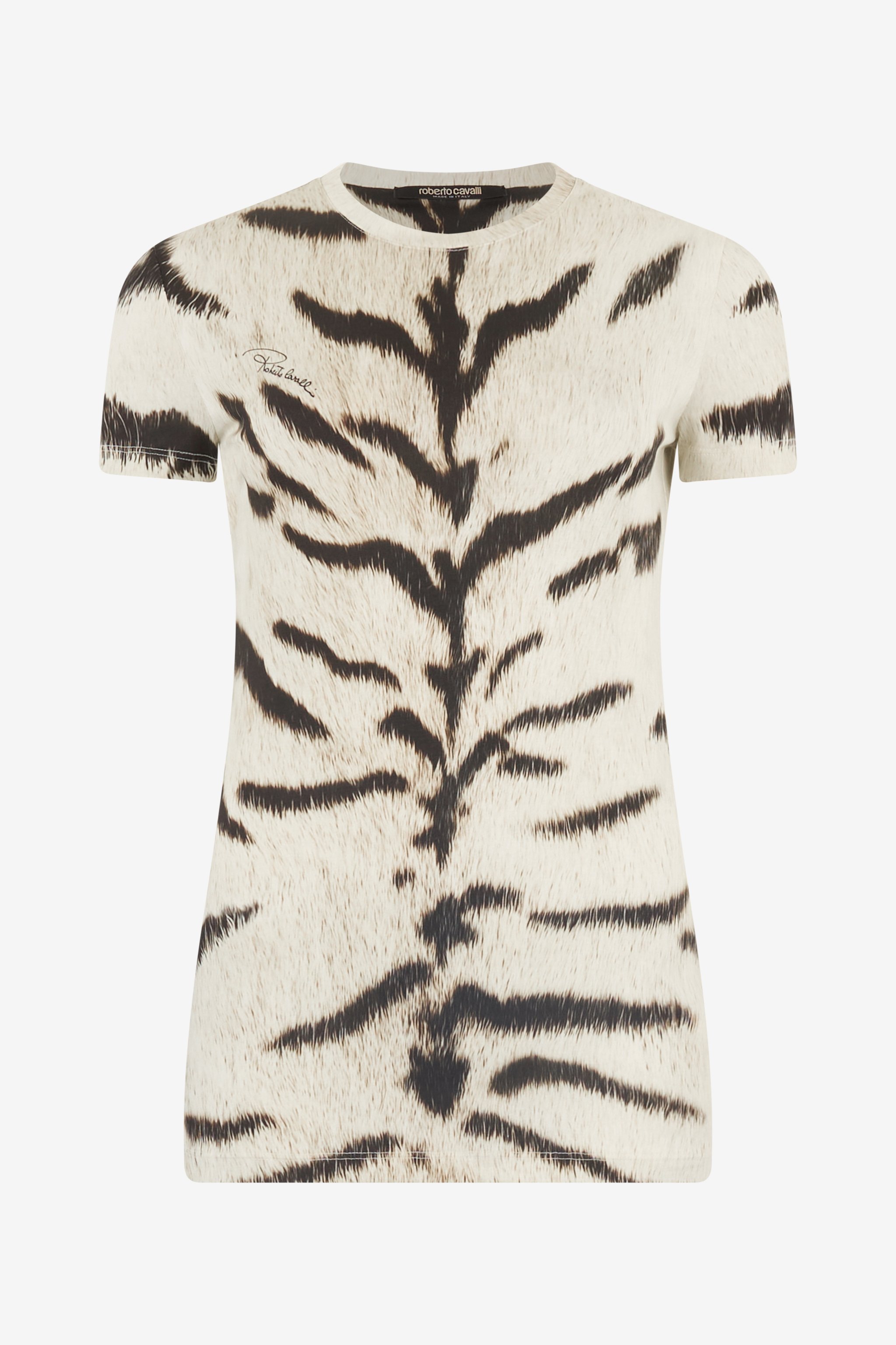 ROBERTO CAVALLI DAMEN-T-SHIRT MIT WEISSEM TIGRESSE OGAT X ROBERTO CAVALLI