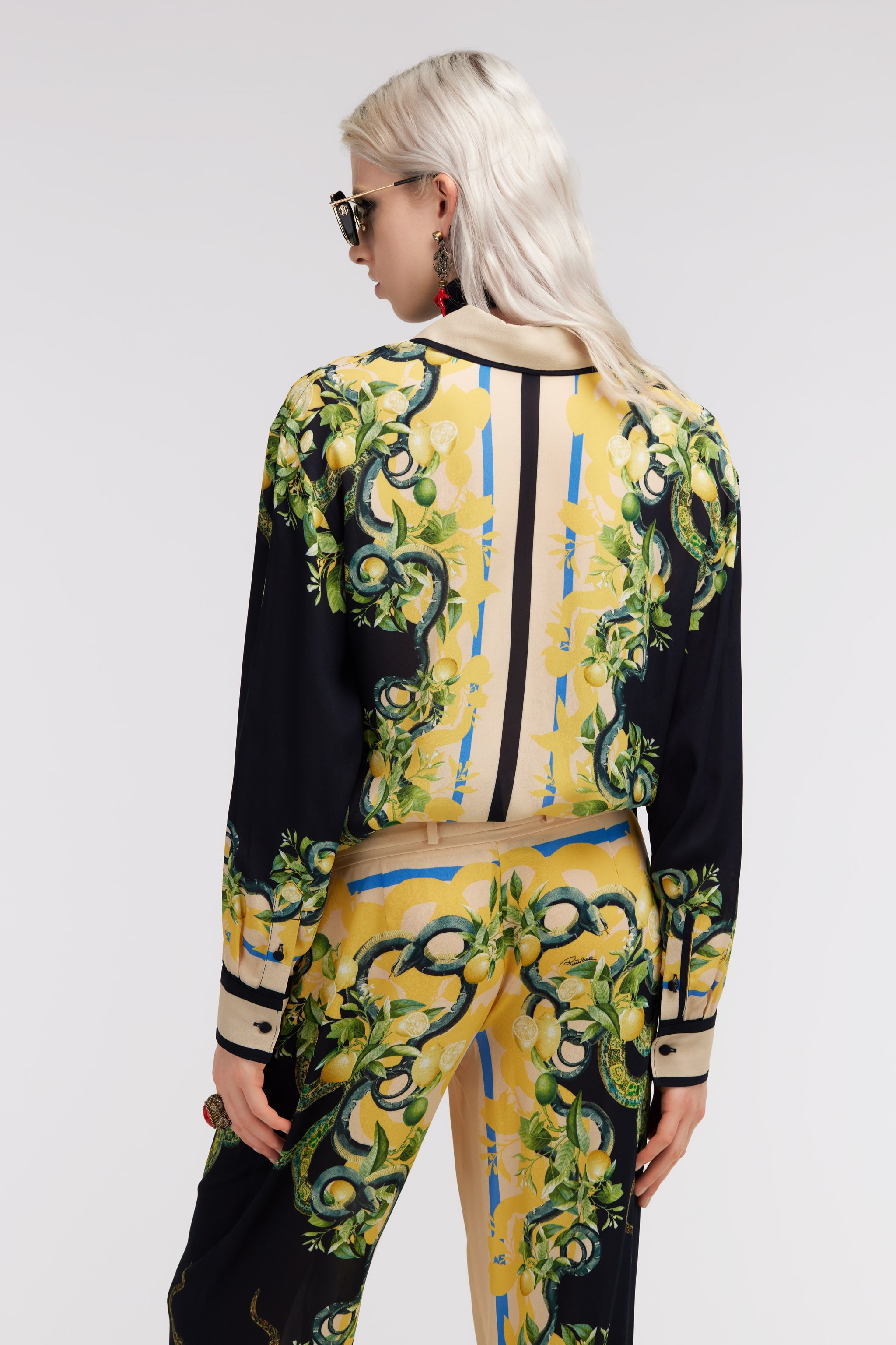 Shop Roberto Cavalli Lemon And Snake Silk Shirt In Black/yellow