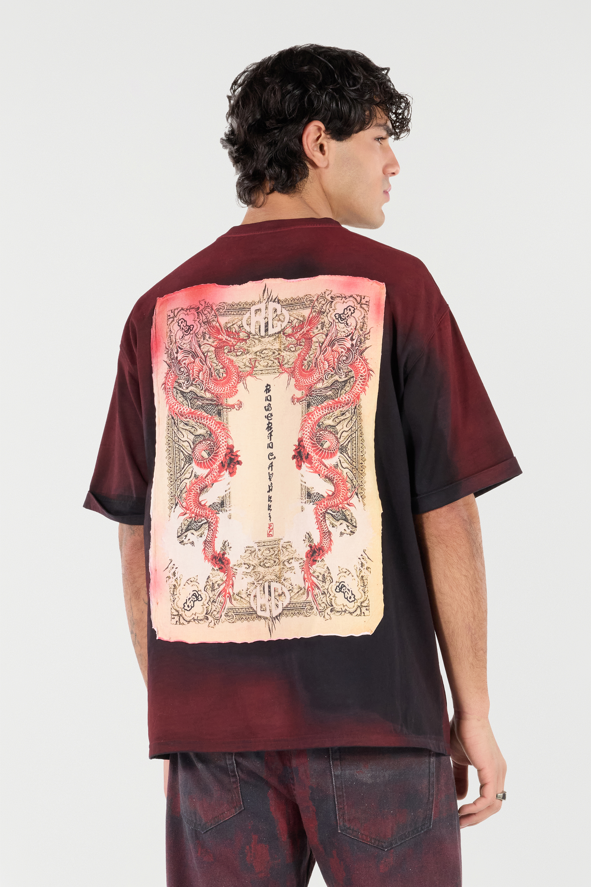 Roberto Cavalli Mottled Effect T-shirt With Dragons And Logo In Red