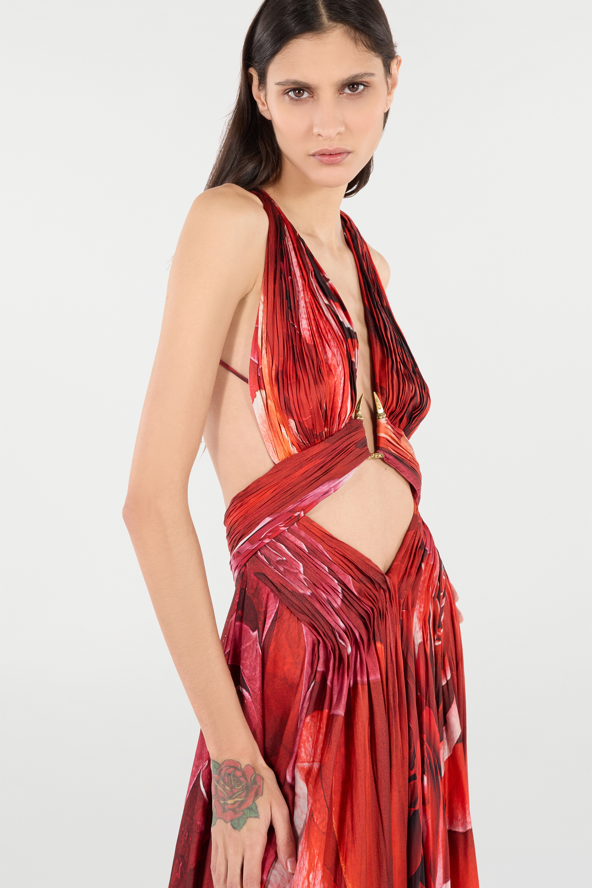 Roberto Cavalli Long Dress With Rose Print And Cut-out In Rosso