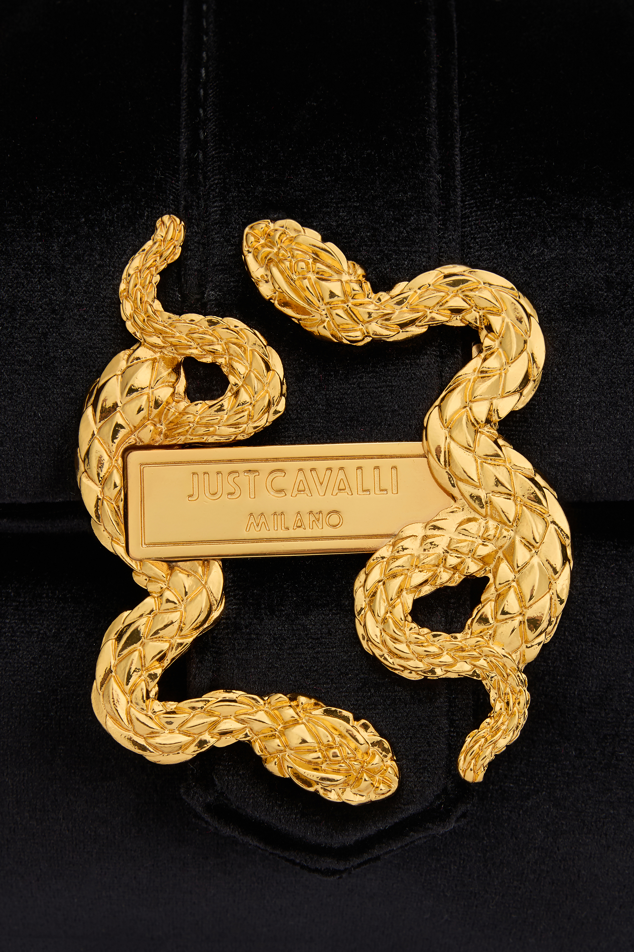 Roberto Cavalli Black Velvet Shoulder Bag Snake Buckle In Black