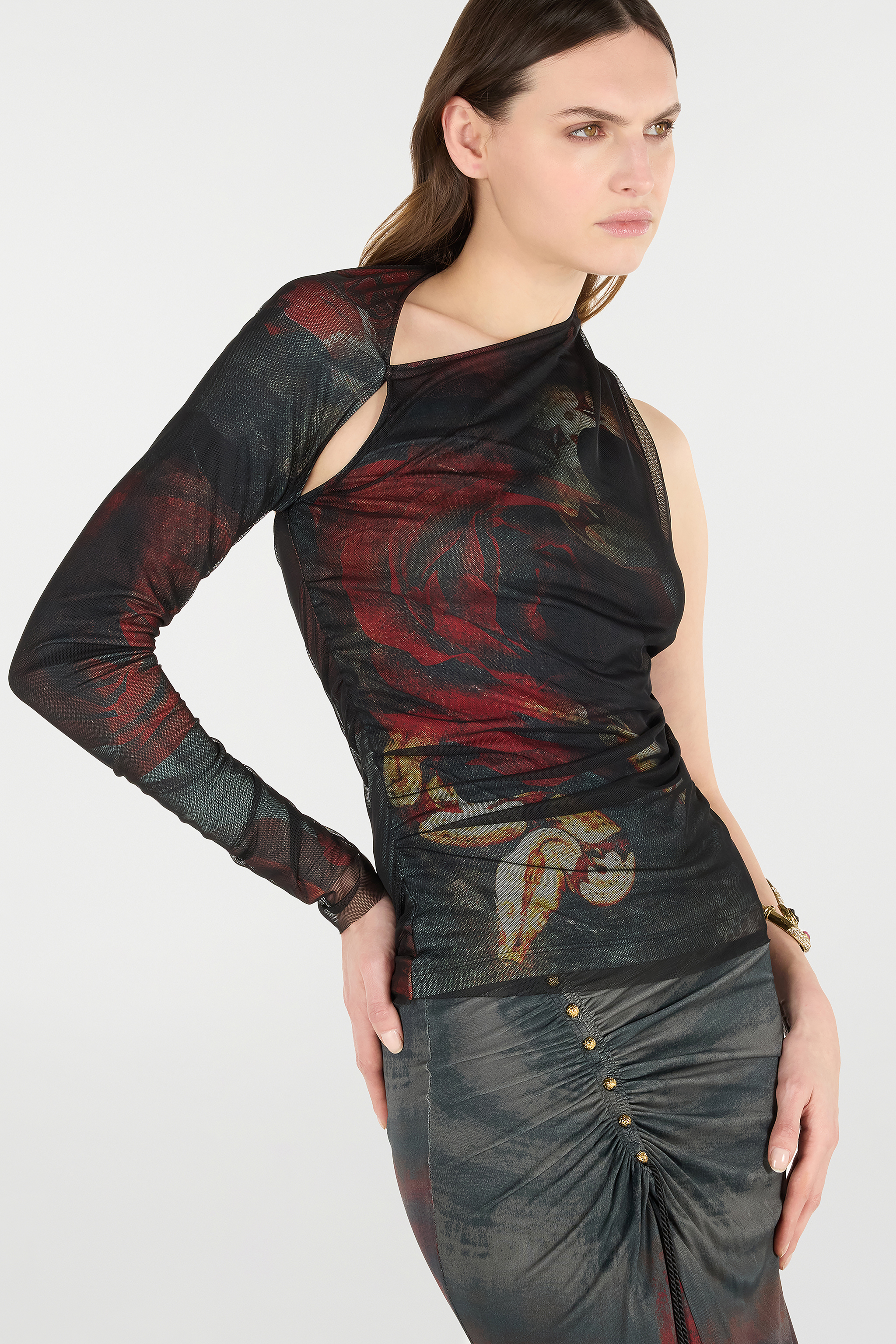 Roberto Cavalli One-sleeve Sweater With Rose And Snake In Bianco Rosso Nero