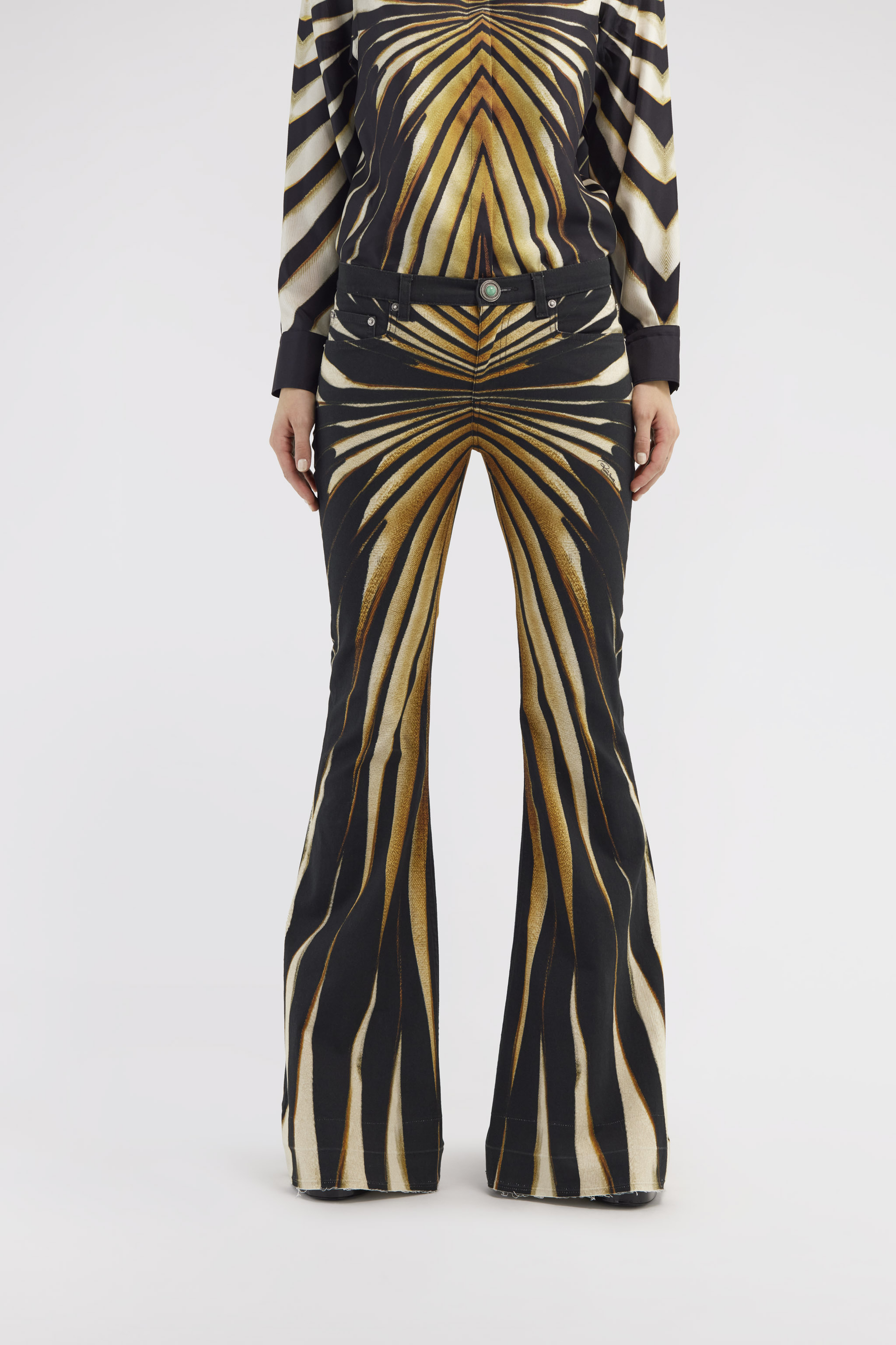 Flared jeans with Ray of Gold print