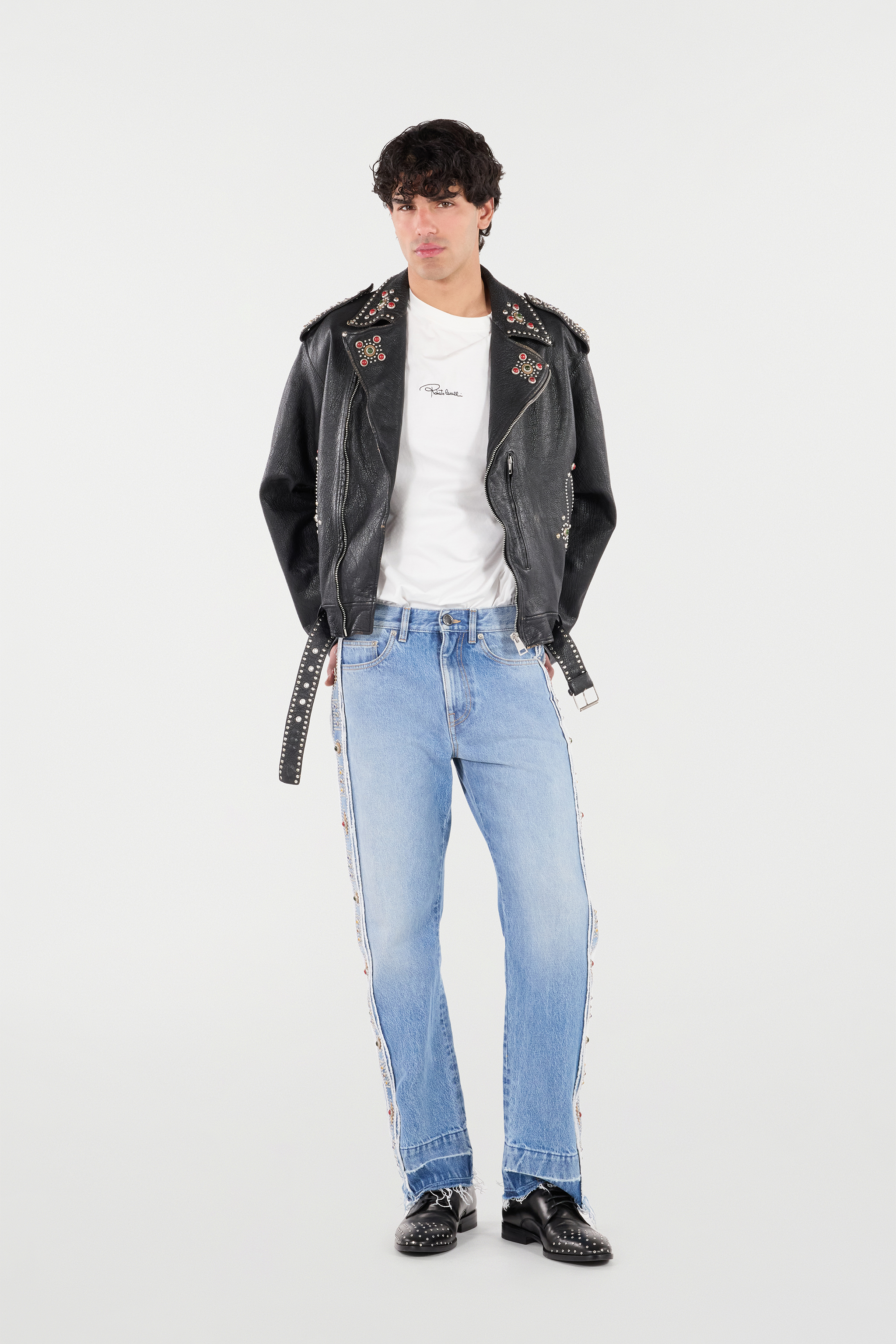 Shop Roberto Cavalli Leather Biker Jacket With Studs And Stones