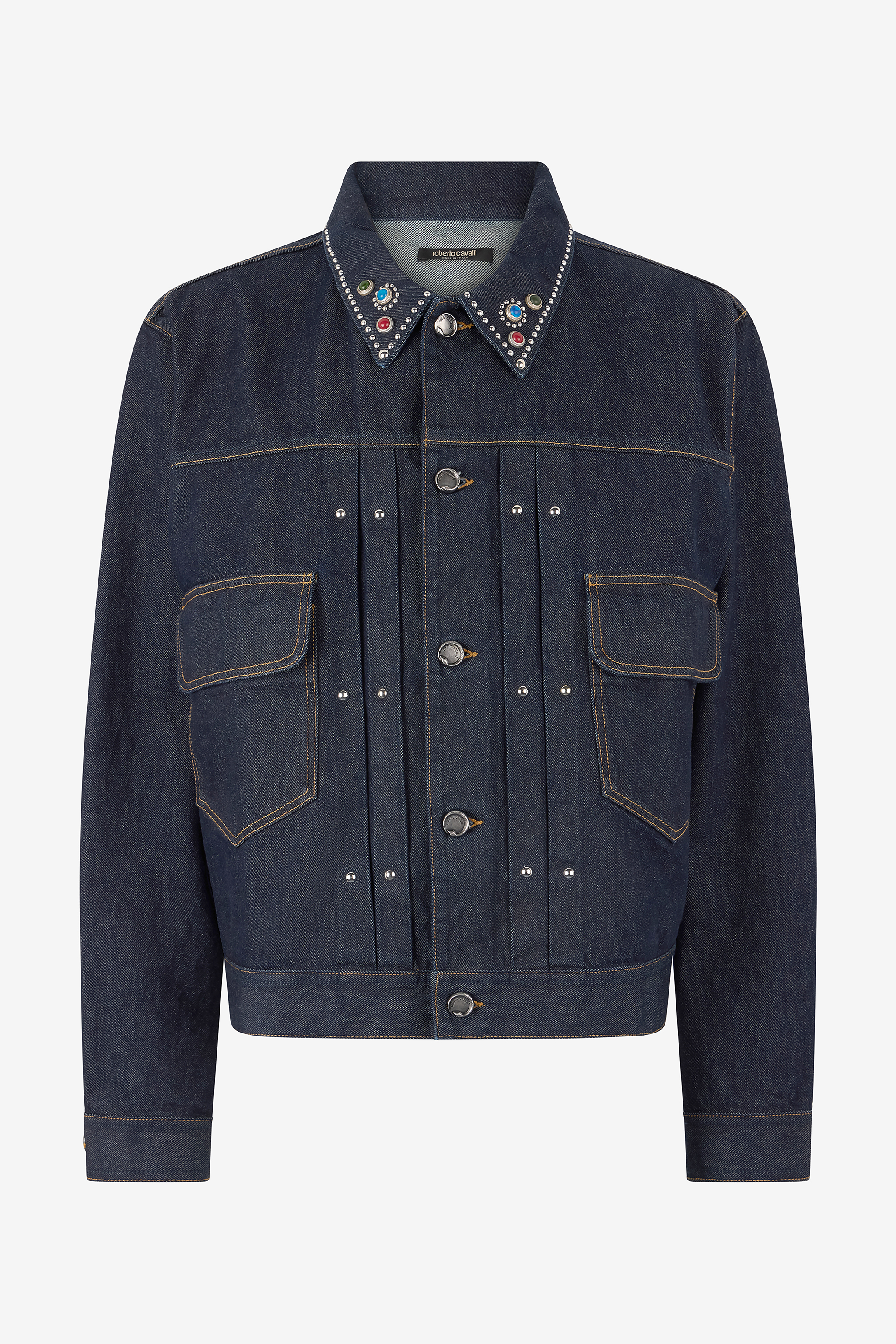 Roberto Cavalli Men's Dark/Blue Denim Jacket With Studs And Stones - Coats & Jackets