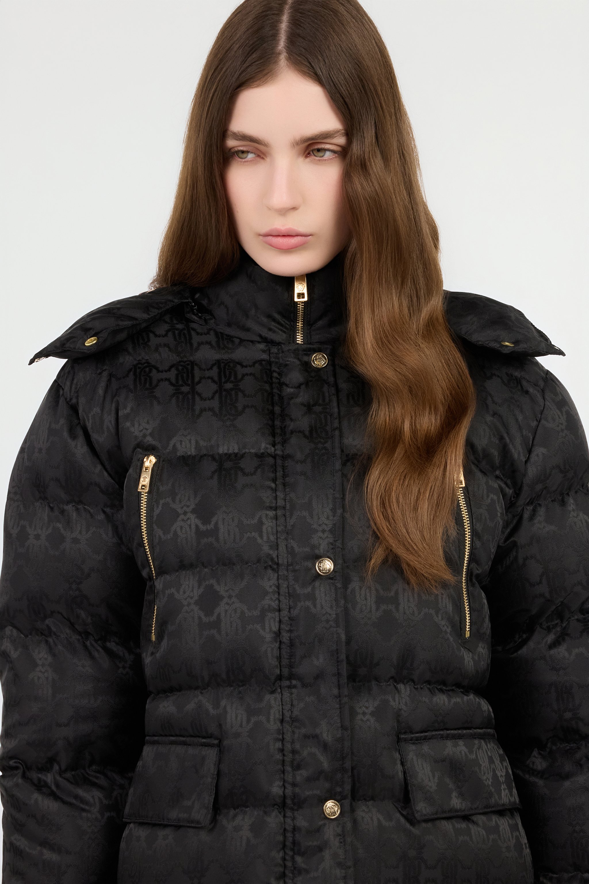 Roberto Cavalli Black Monogram Rc Long Down Jacket In Black