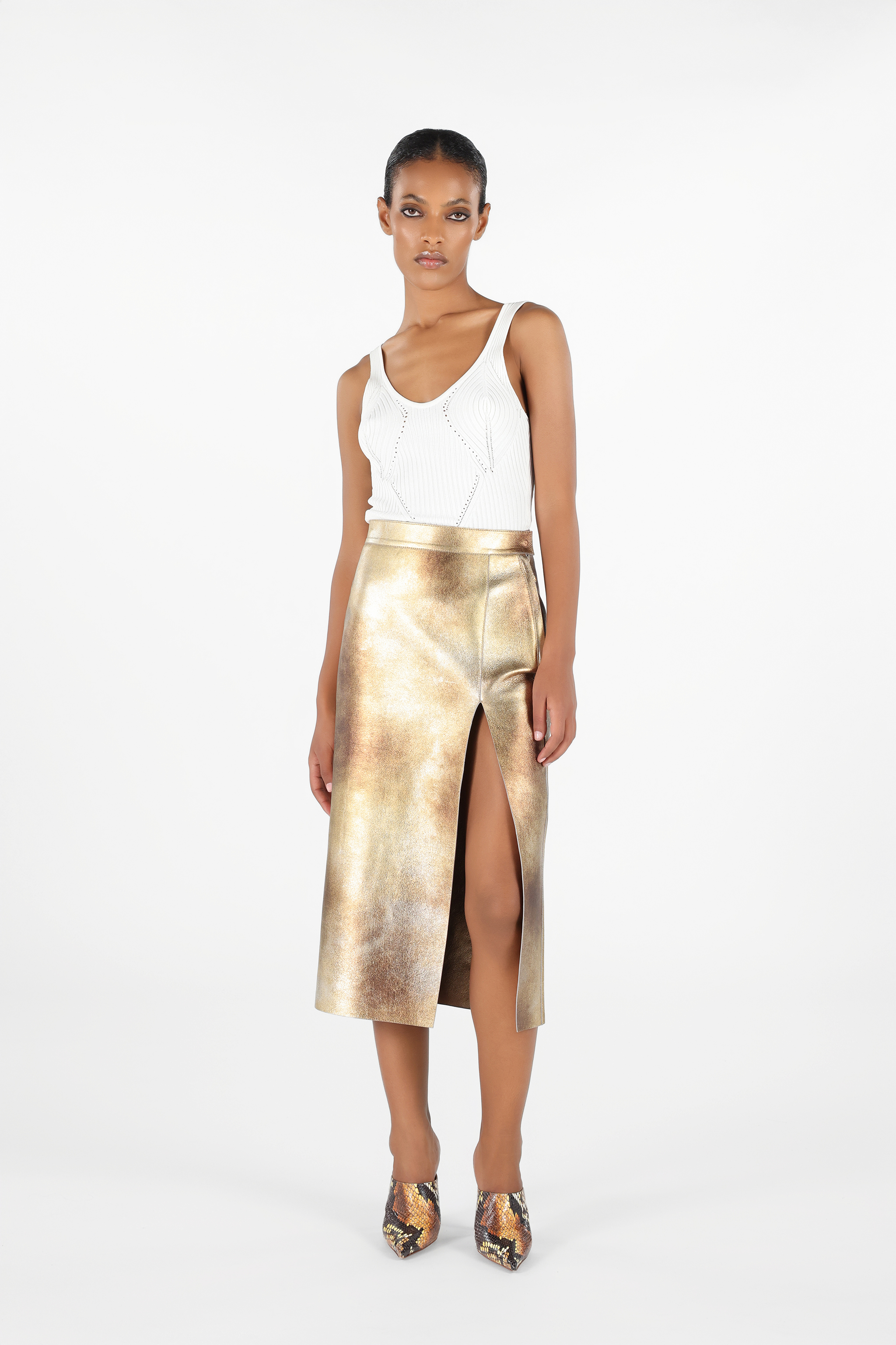 Roberto Cavalli Texturierter Rock Mit Schlitz In Gold