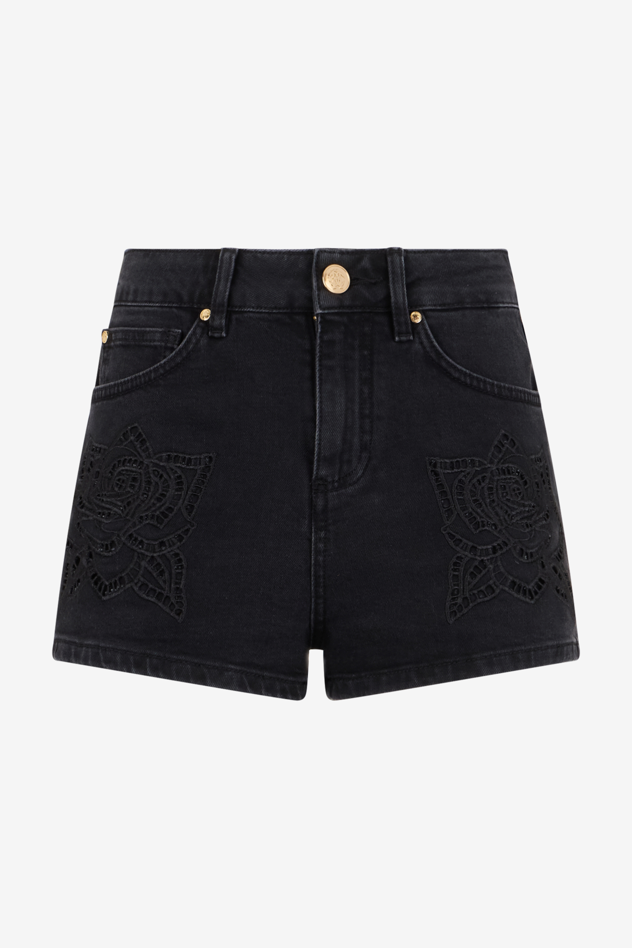 Roberto Cavalli Women's Black Jeans Shorts With Rose Embroidery - Ready To Wear