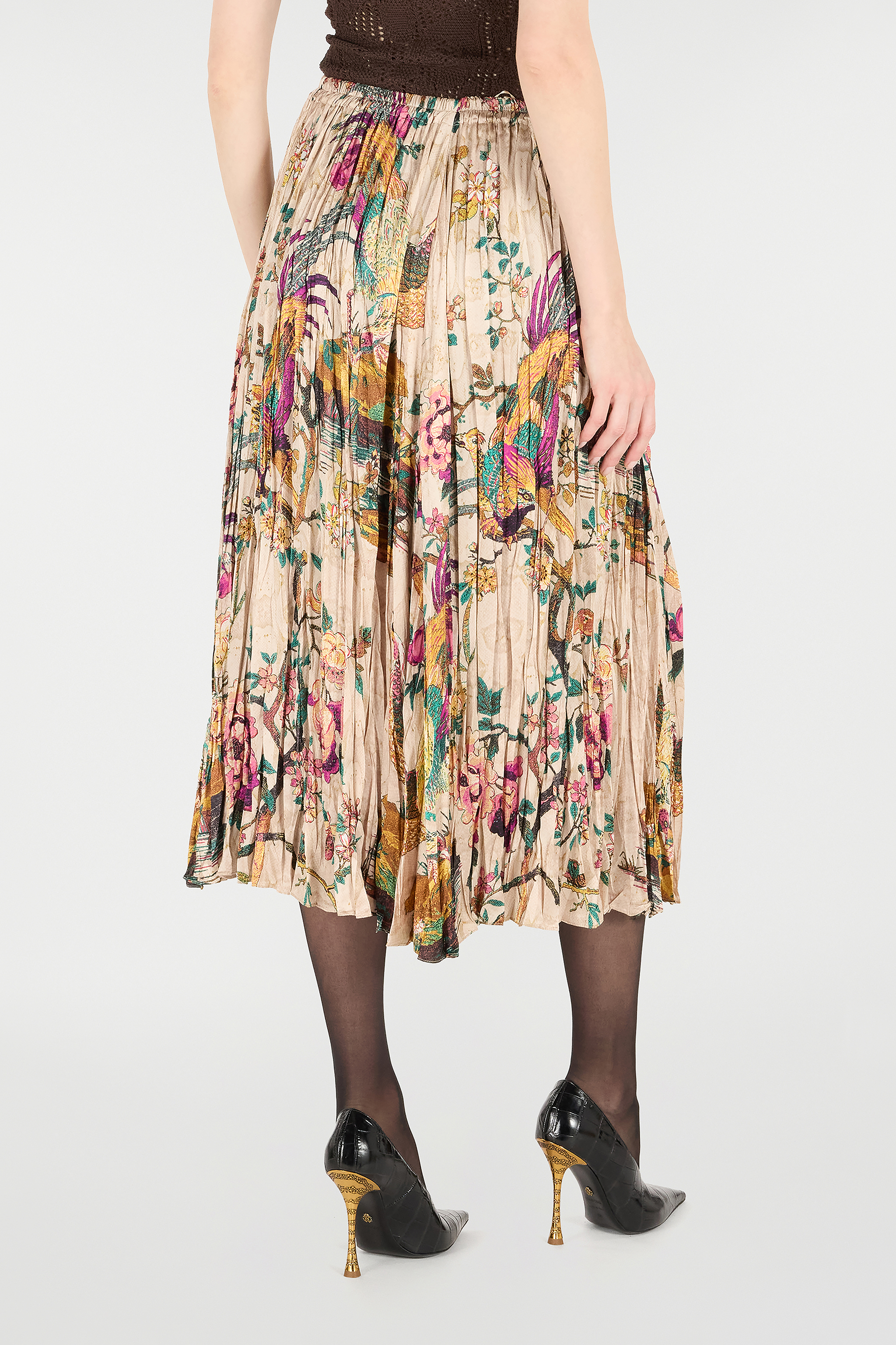ROBERTO CAVALLI MIDI SKIRT WITH FLORAL AND PHEASANT PRINT