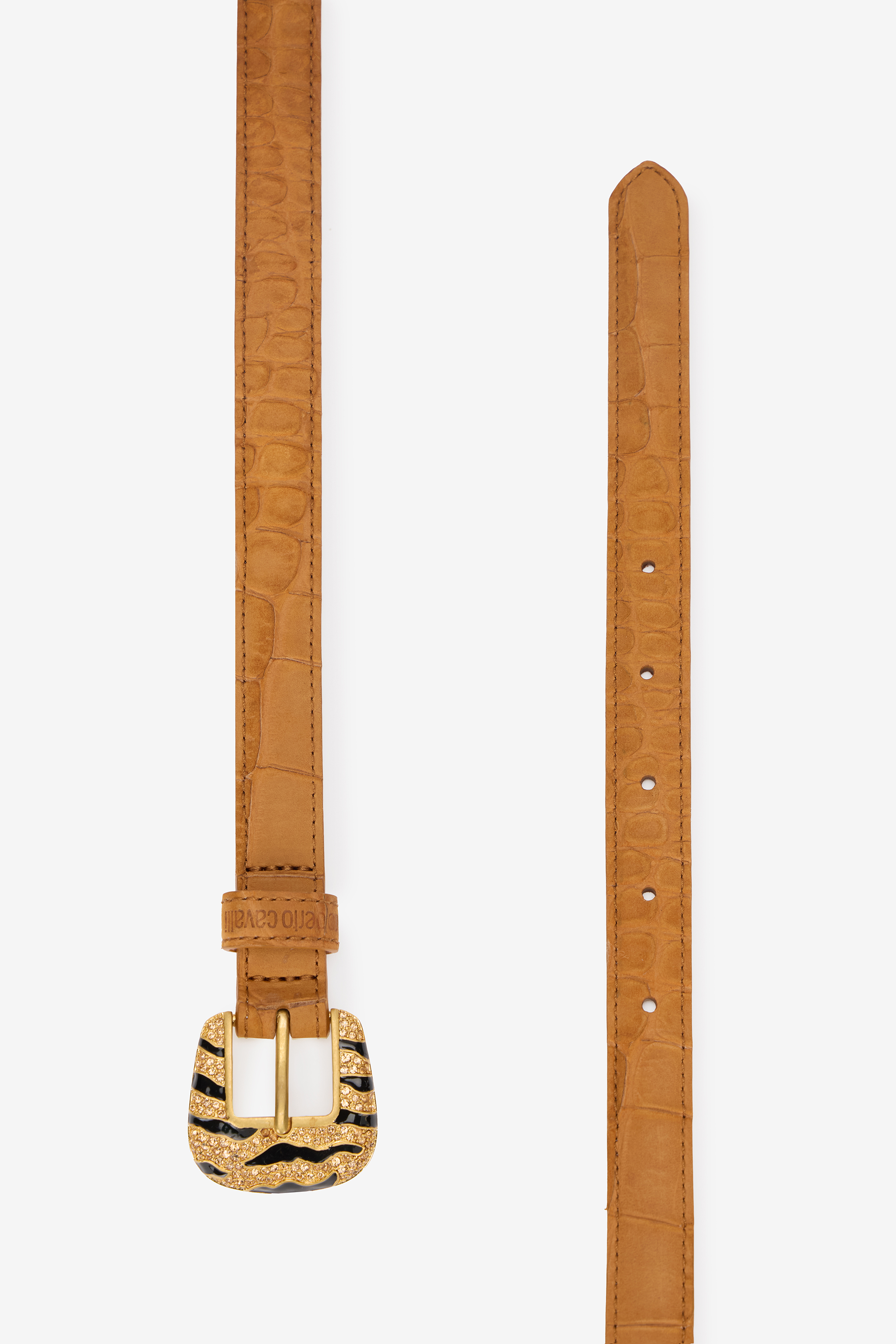 Roberto Cavalli Crocodile-effect Belt With Bejeweled Buckle In Brown