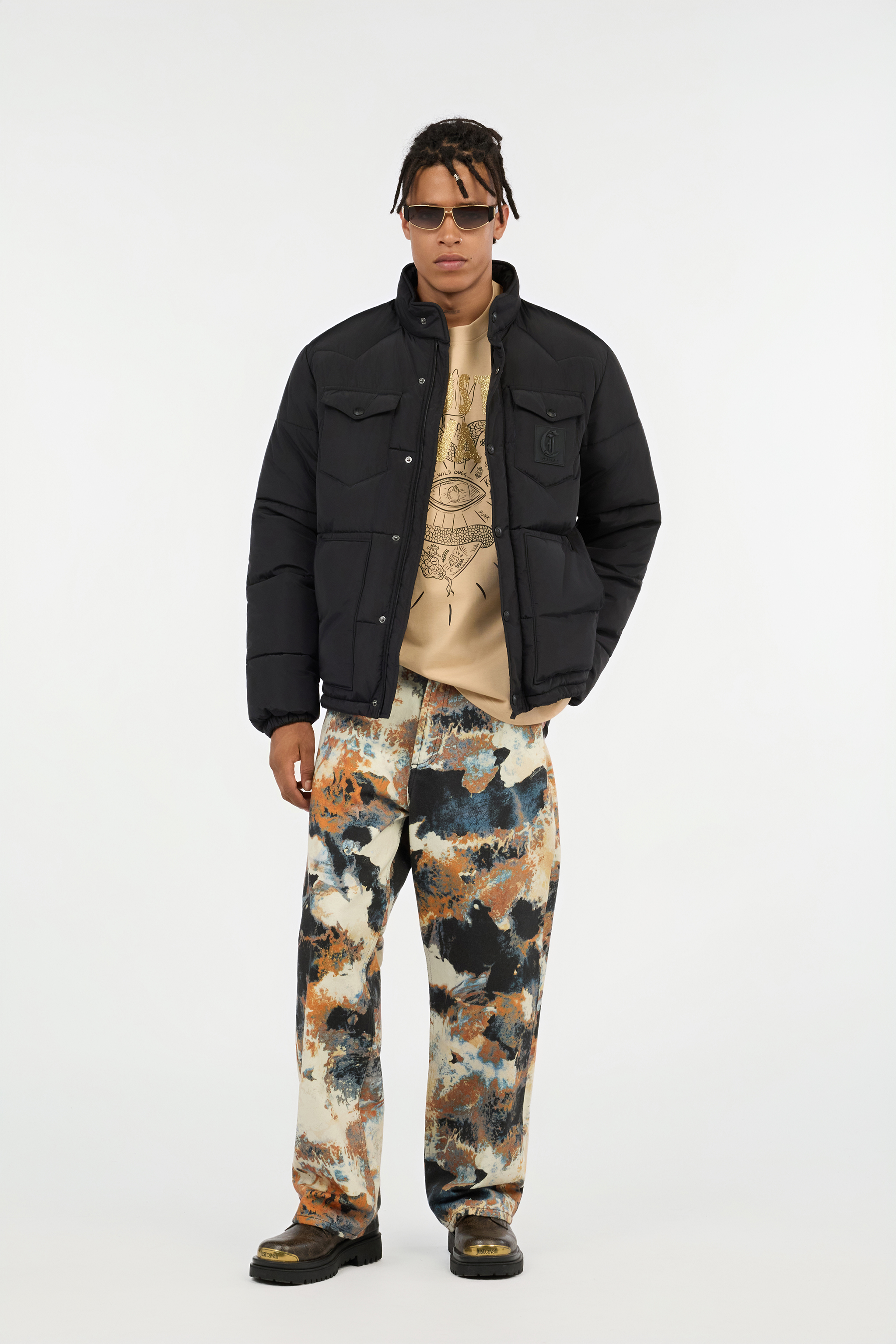 Roberto Cavalli Black Puffer Jacket With Monogram Jc In Blue