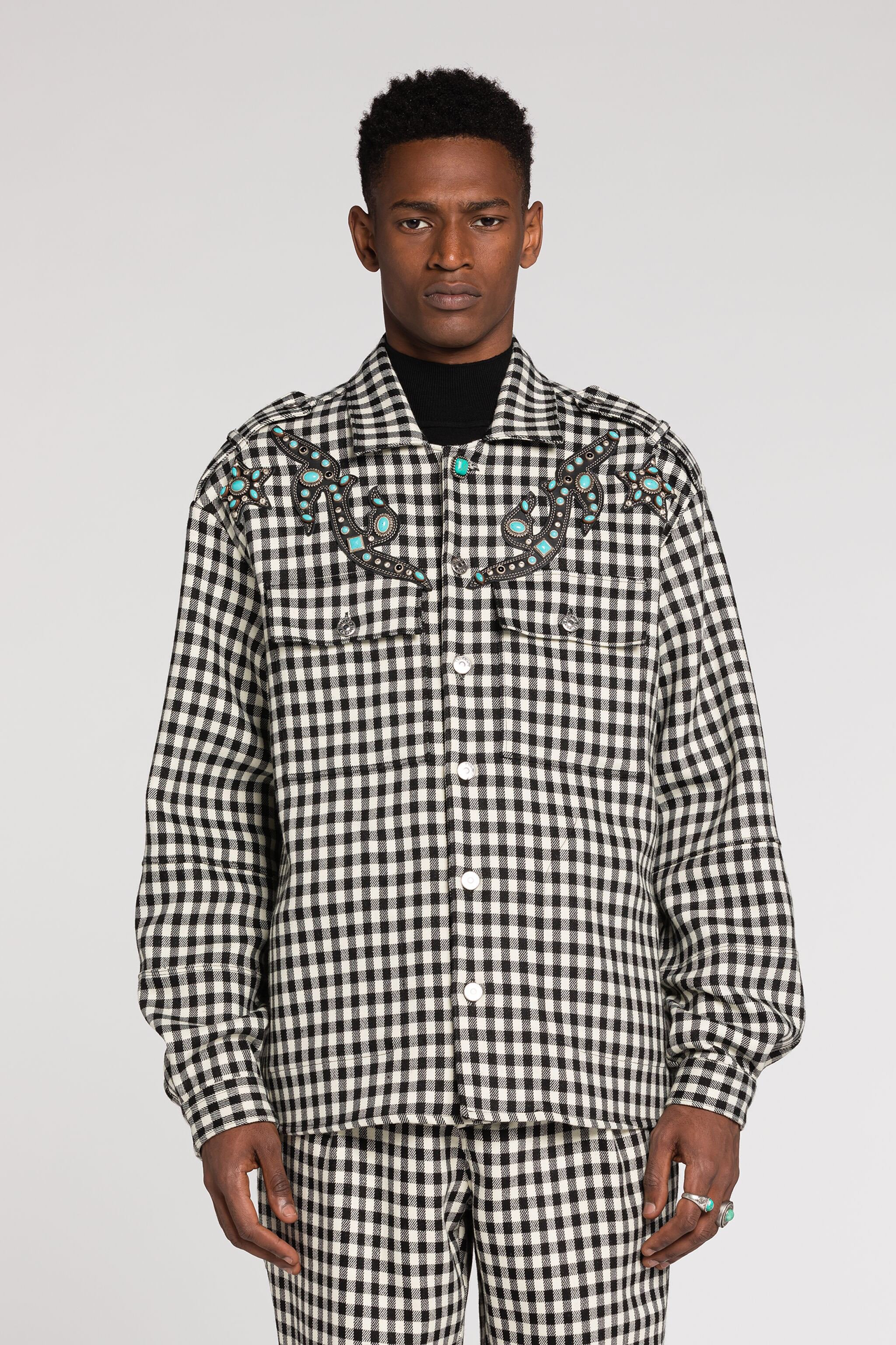 Roberto Cavalli Turquoise-embellished Gingham Jacket In Black/white