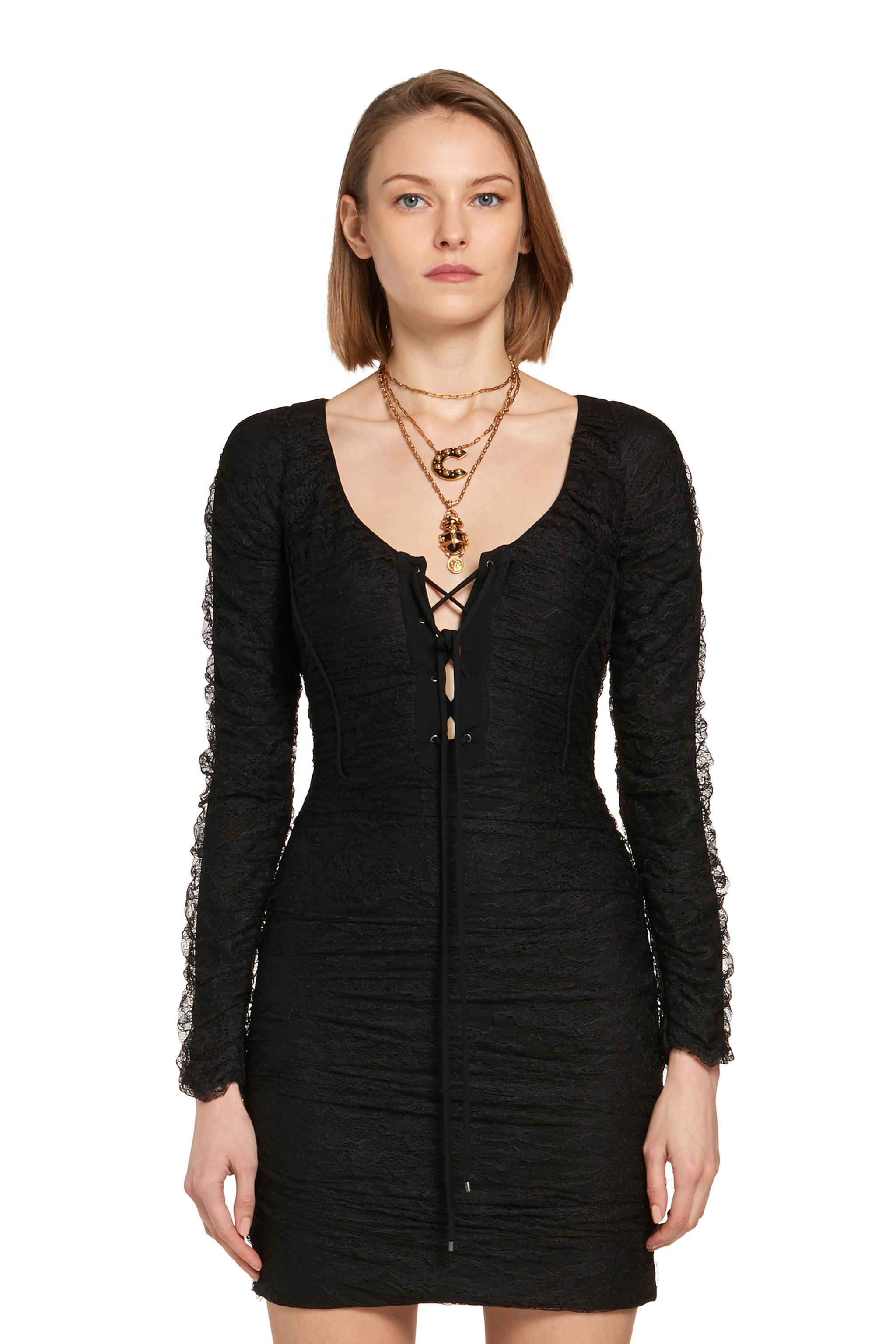 Roberto Cavalli Corset Front Gathered Lace Dress In Black