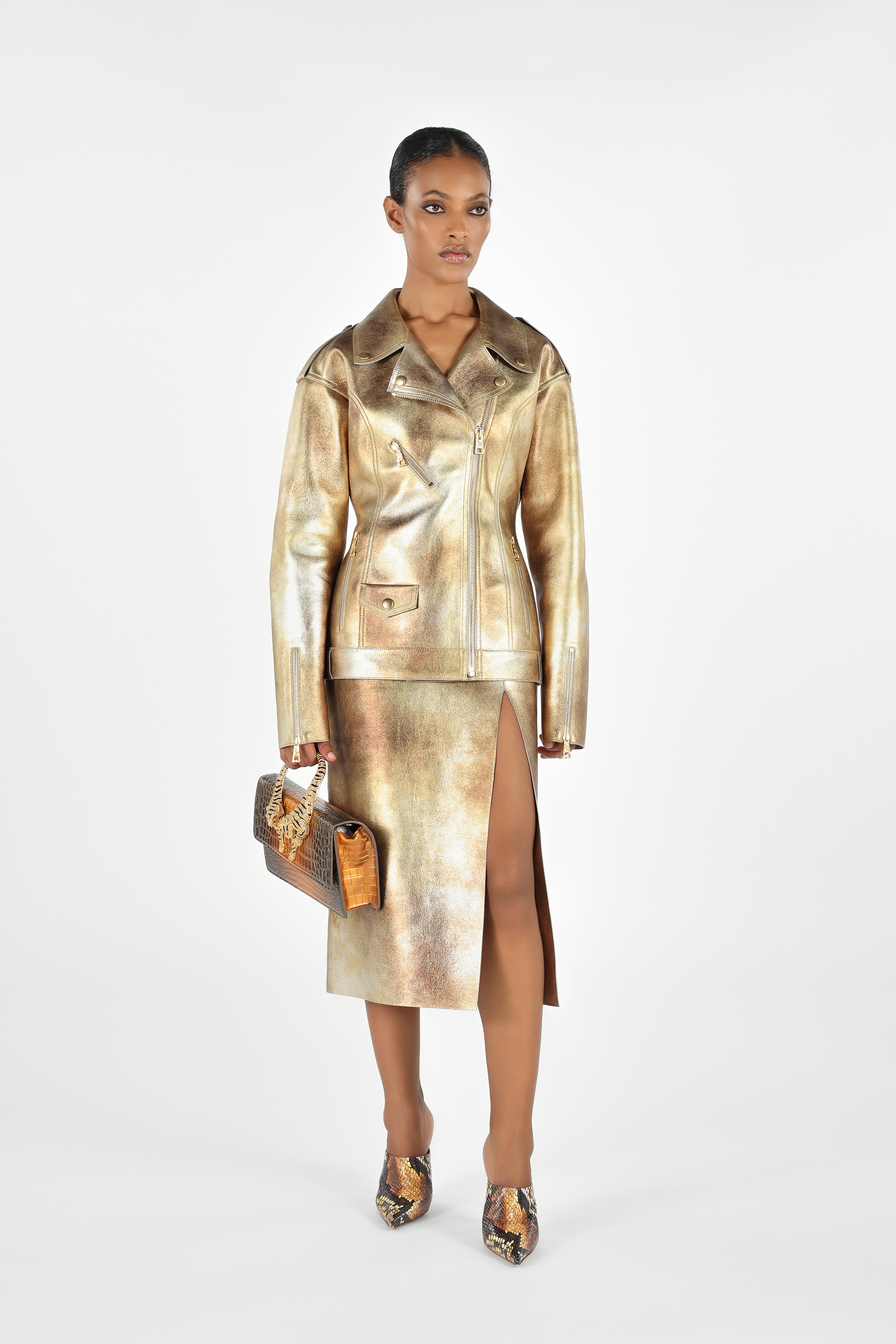 Roberto Cavalli Bikerjacke Mit Metallic-effekt In Gold