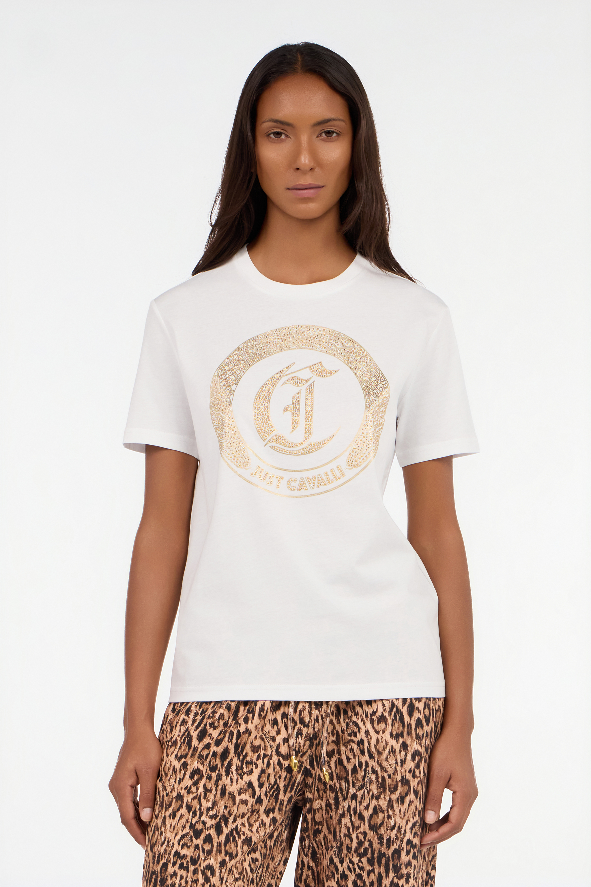 Roberto Cavalli White T-shirt With Logo And Studs In Multi