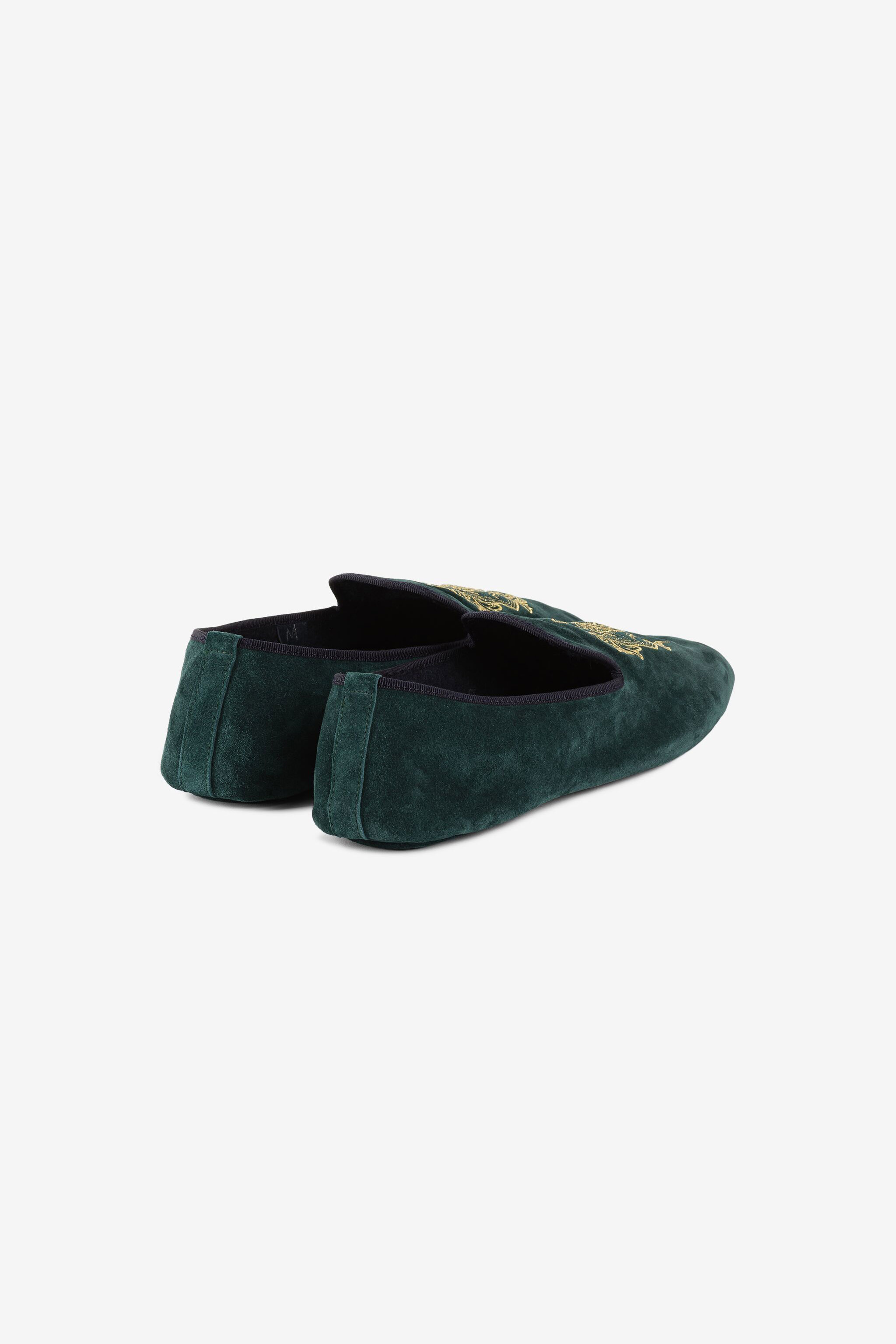  Roberto Cavalli Mirror Snake Crest-embroidered Velvet Slippers - Male Loafers & Moccasins Dark Green 40 