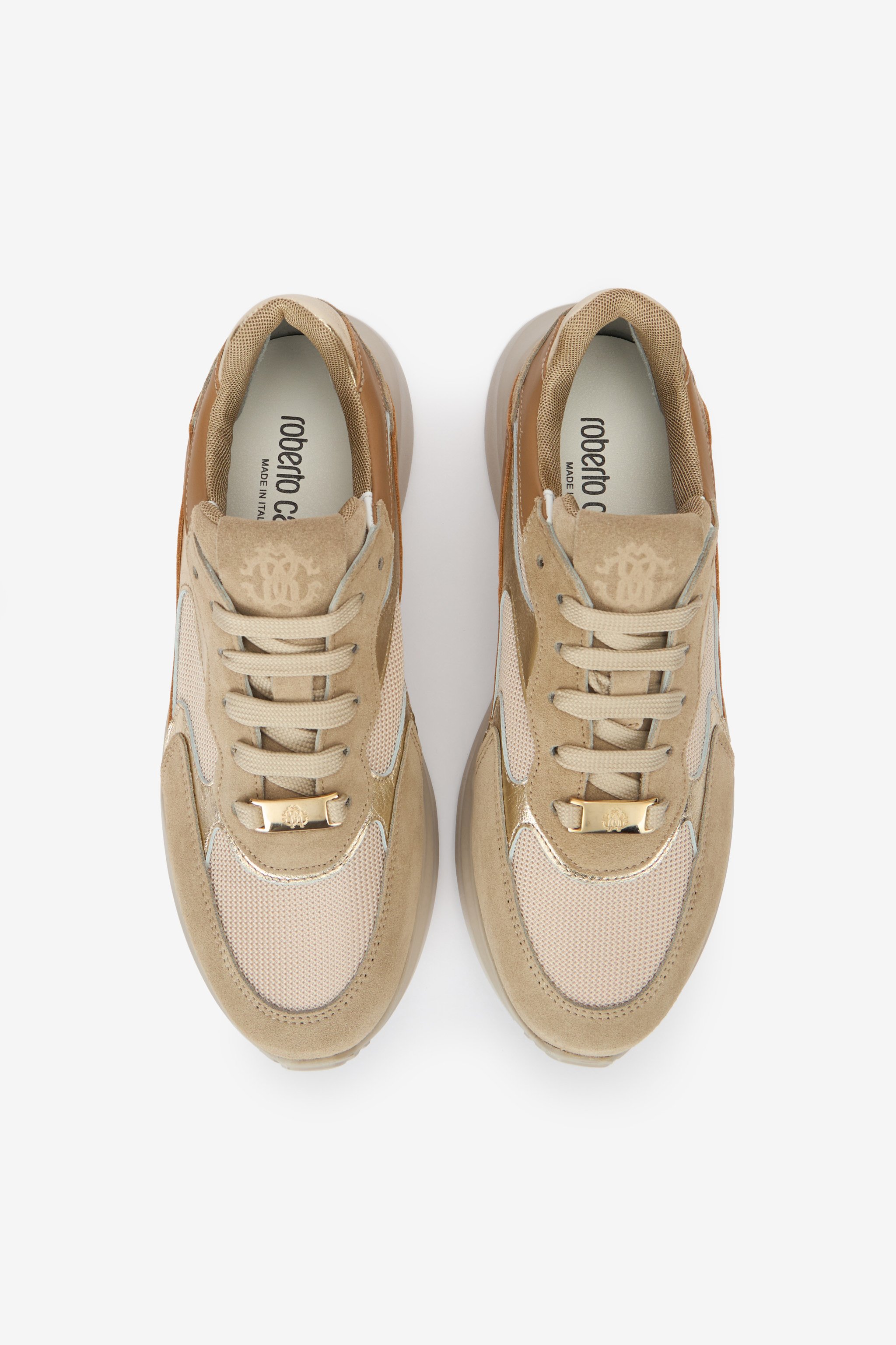 Roberto Cavalli Laced Sneakers With Mixed Inserts In Light Brown