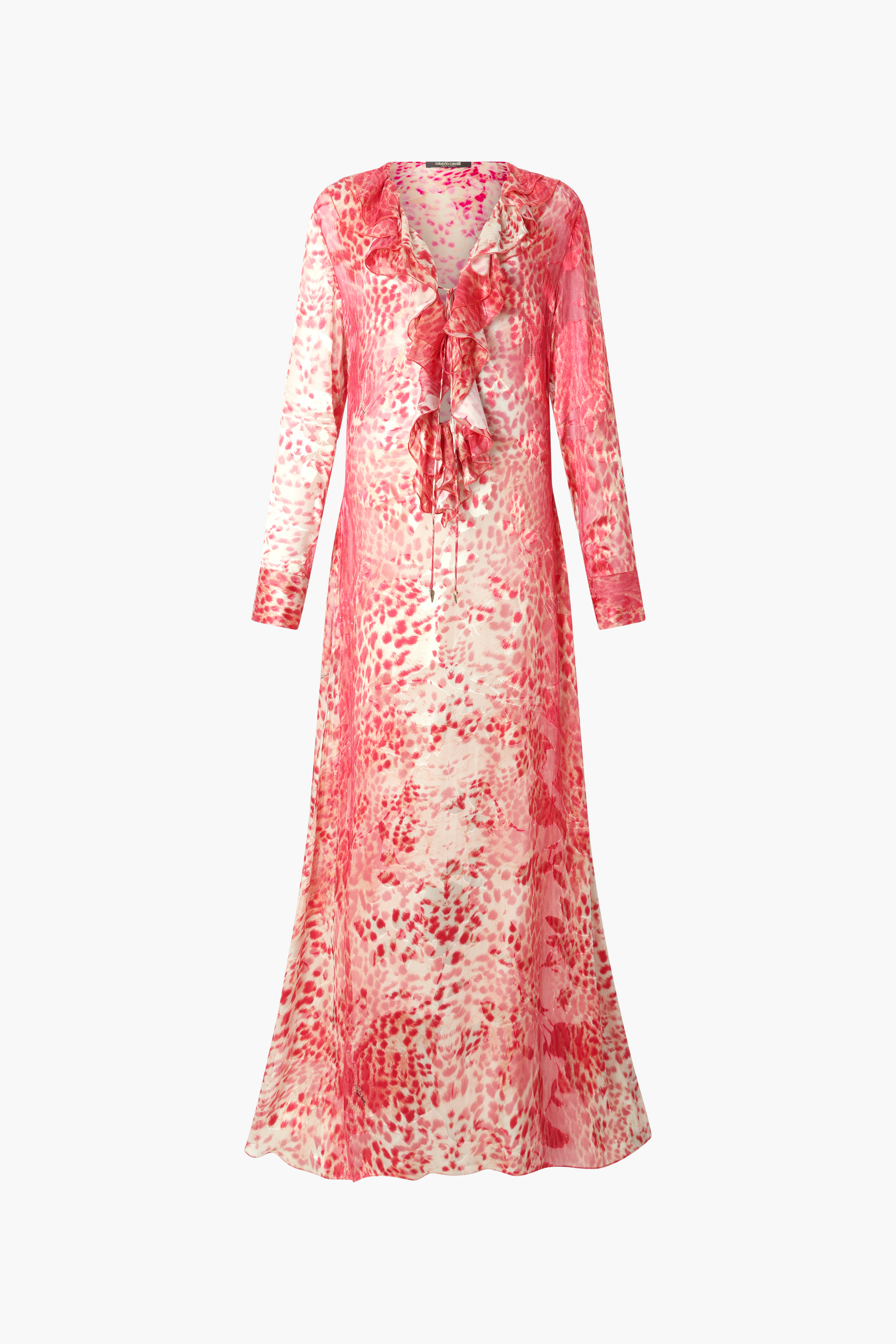 Roberto Cavalli Long Dress With Ruffle And Jaguar Skin Print In Red